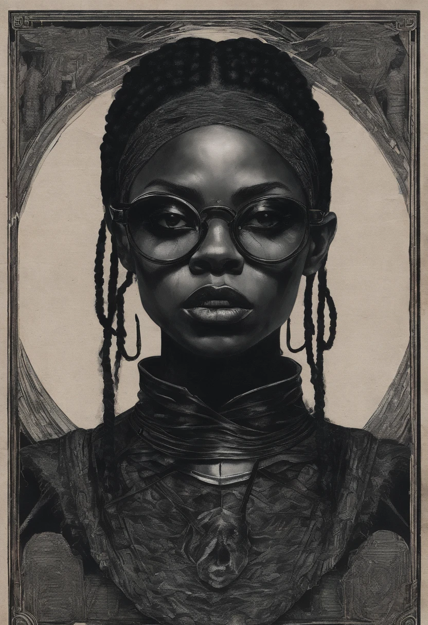 1980's dark fantasy book cover paper art dugerons and dragon style drawing of black girl with boxer braid, round face and round, vintage glasses. Wearing a black outfit with a high collar and ripped sleeves that look like a tank top.