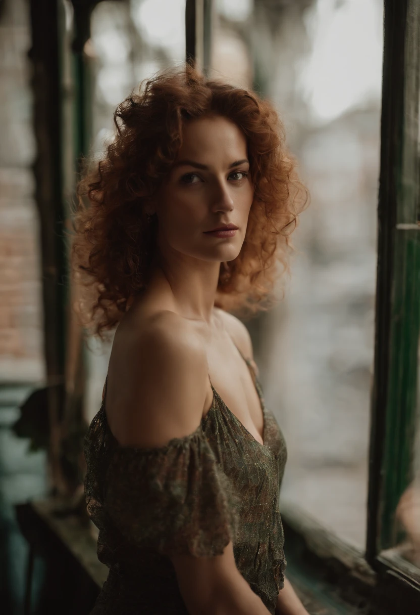Real (Photo portrait 4K:1.1) (mise au point nette:1.3), High detail, Porter (Chemise moulante:1.2), beautifull detailed face, An attractive woman with long red hair looks at the camera, Panasonic Lumix S Pro 50mm F/1.4, dark orange and dark emerald, Ferrania P30, photo realist, Visible Background (Seductive and sexy young woman:0.9), (Seductive:1.3), (rougissant:1.1), Forme du corps du sablier, Gros seins ronds, hanches larges, at the café