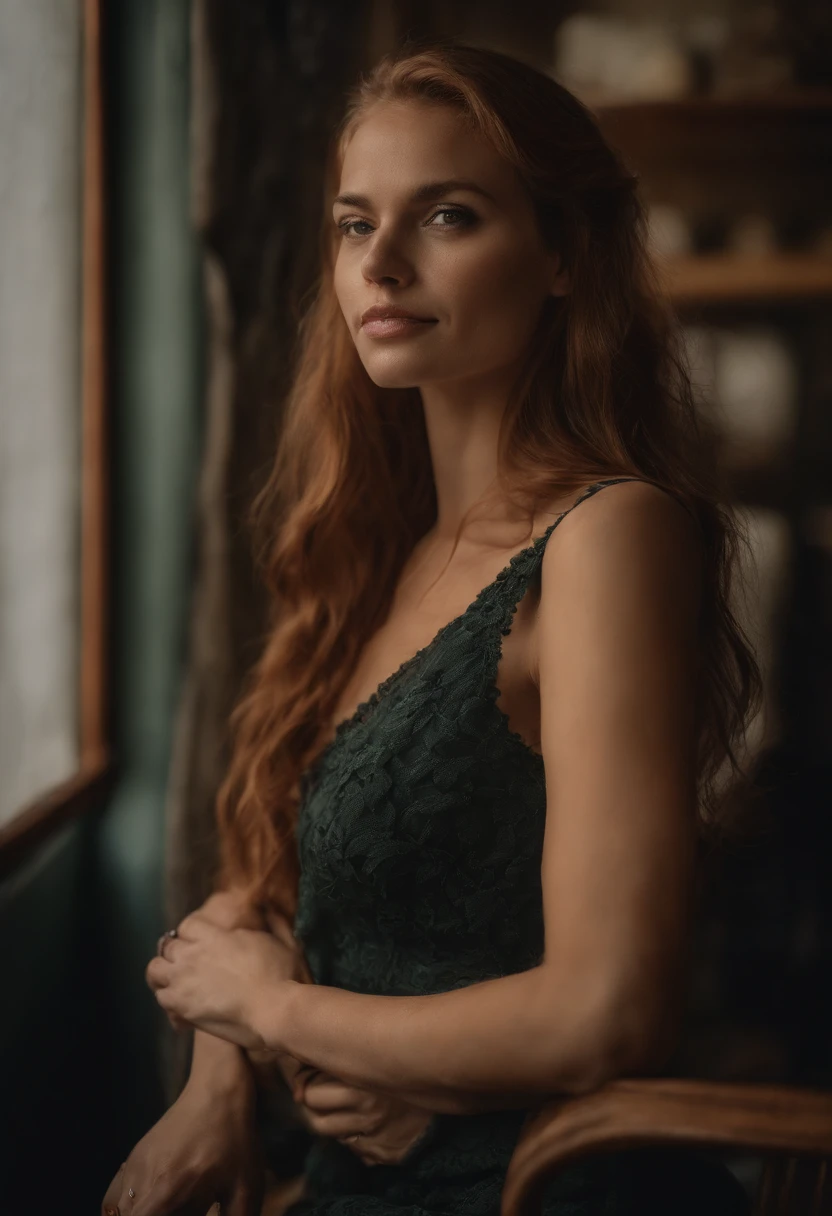 Real (Photo portrait 4K:1.1) (mise au point nette:1.3), High detail, Porter (Chemise moulante:1.2), beautifull detailed face, An attractive woman with long red hair looks at the camera, Panasonic Lumix S Pro 50mm F/1.4, dark orange and dark emerald, Ferrania P30, photo realist, Visible Background (Seductive and sexy young woman:0.9), (Seductive:1.3), (rougissant:1.1), Forme du corps du sablier, Gros seins ronds, hanches larges, at the café