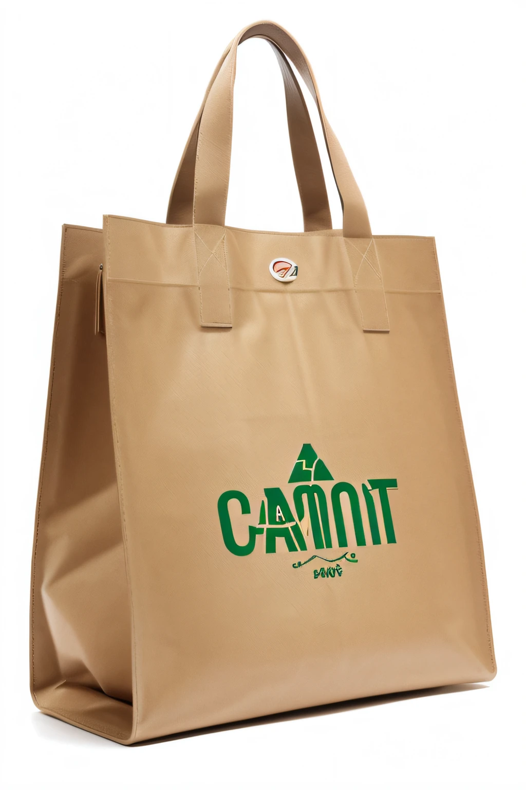 a photo of a eco-bag with the words "CAMT", bags, handbag,ECO bag, made with illustrator, camel, full lenght view, set against a white background, a wide full shot, front facing shot, ultra realistic