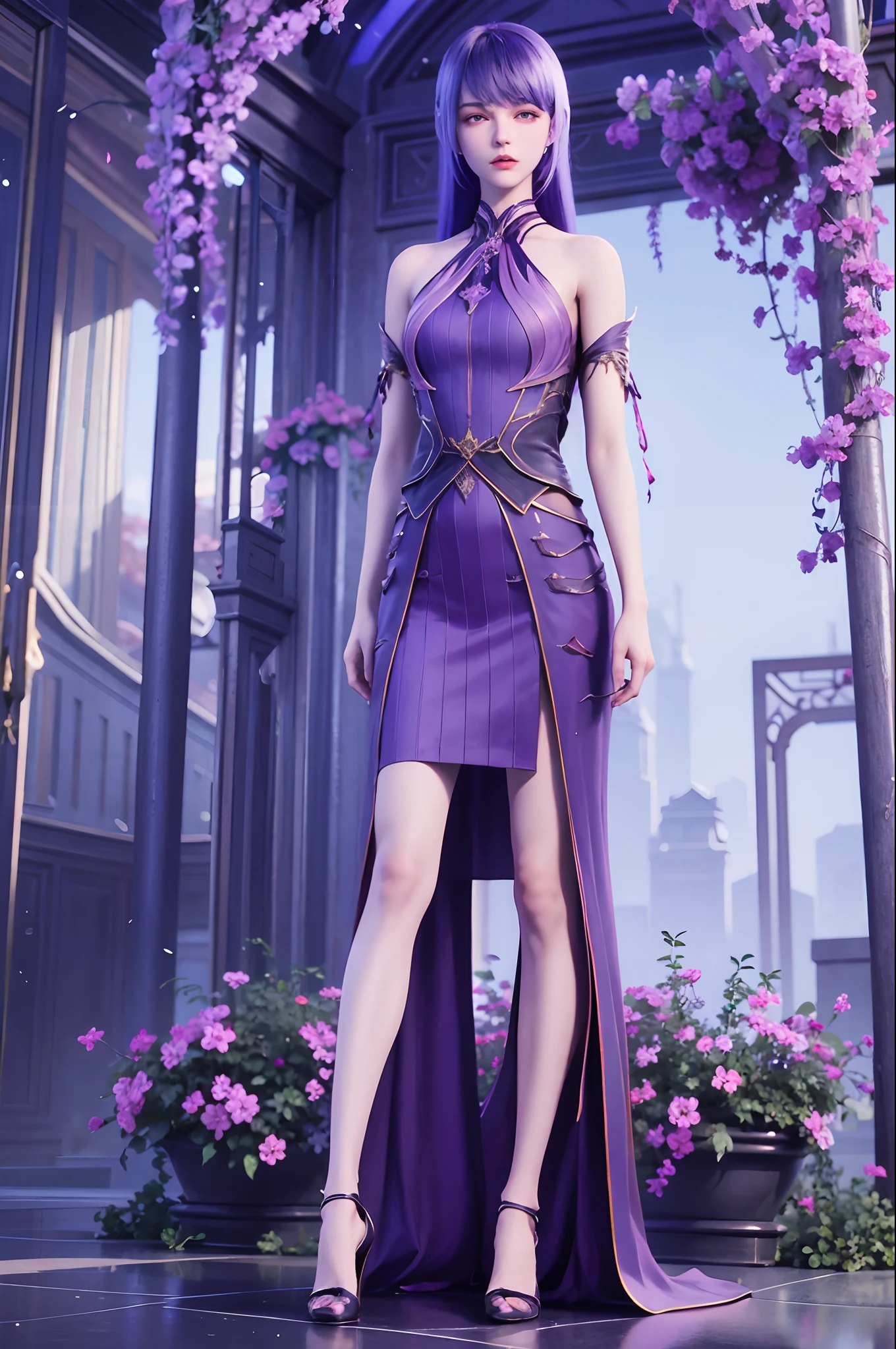 Under the wisteria tree stood a woman in a light purple dress。。, Lady with glowing floral tulle dress, inspired by Igor Kieryluk, It is covered with fleshy purple and light purple, inspired by Wadim Kashin, by Russell Dongjun Lu, inspired by Yanjun Cheng, inspired by Hsiao-Ron Cheng, Beautiful digital artwork, inspired by Ray Caesar, full body