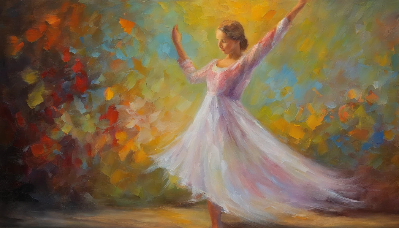 Young classical dancer, With ballet poses, Mulher 18 Anos, Retrato tirado por 8 mestres Kobra、Pessoas da mais alta qualidade、morning、1girl em、There is bright light、feliz、Cool morning sun、(Spark of Light:0.7) 、Caminhou、A paisagem