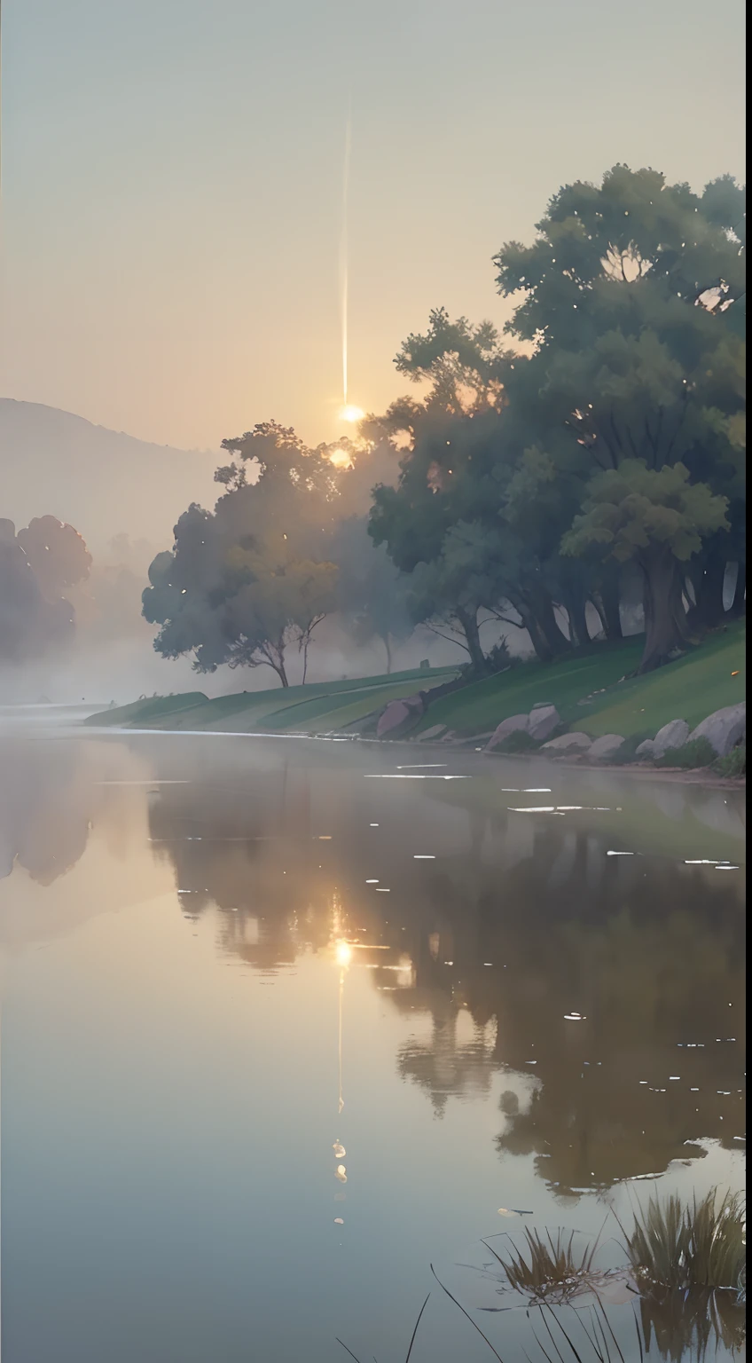(Watercolor in Sargent style)、(top-quality、​masterpiece)、Soft light、Bourton-on-the-Water painted on a foggy morning、riverscape、、Create an ethereal scene in a calm morning misty meadow。Draw delicate and blurry brushwork、Capture the elusive nature of fog、Enhance the serene atmosphere of the countryside、place々flower bloom、