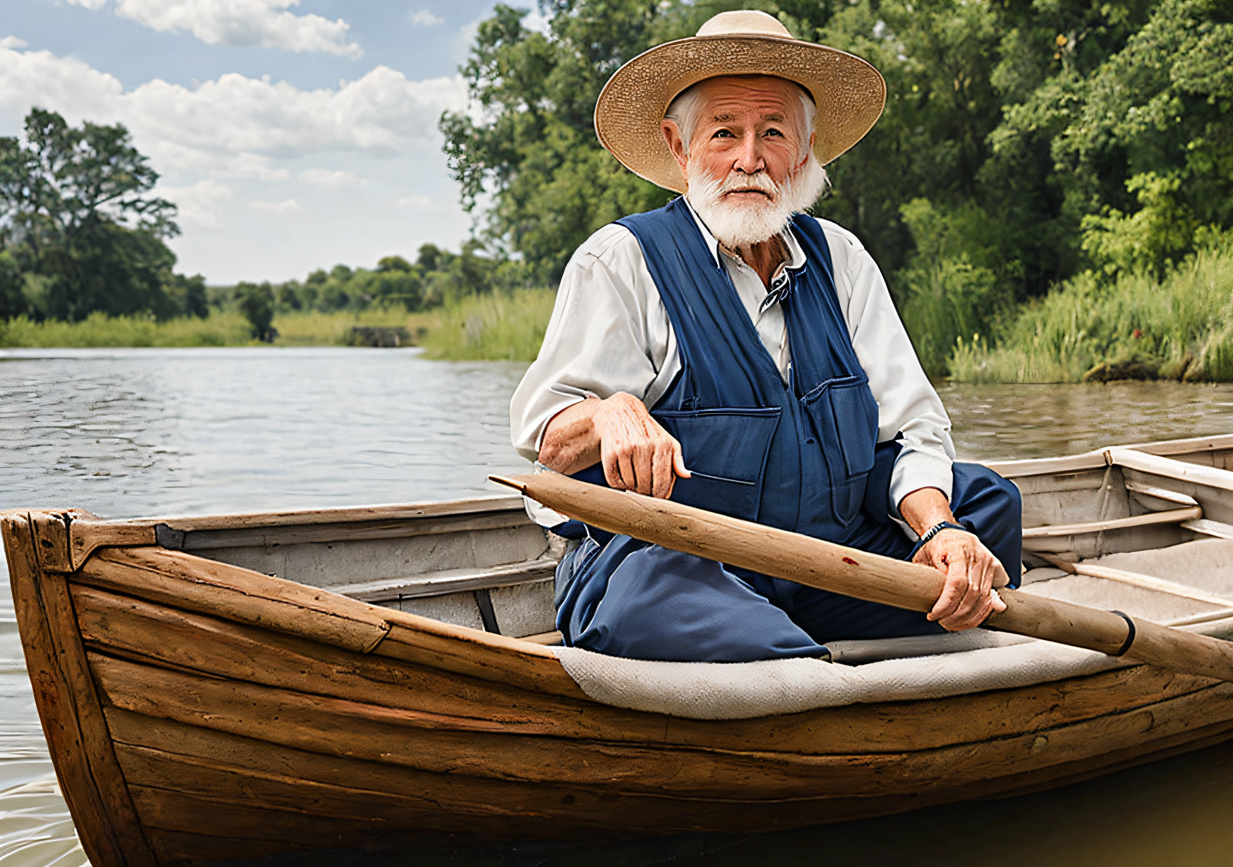 Elderly man, white hair, straight eyes, farmer's style, sitting on a boat floating on the river, wearing a hat.
