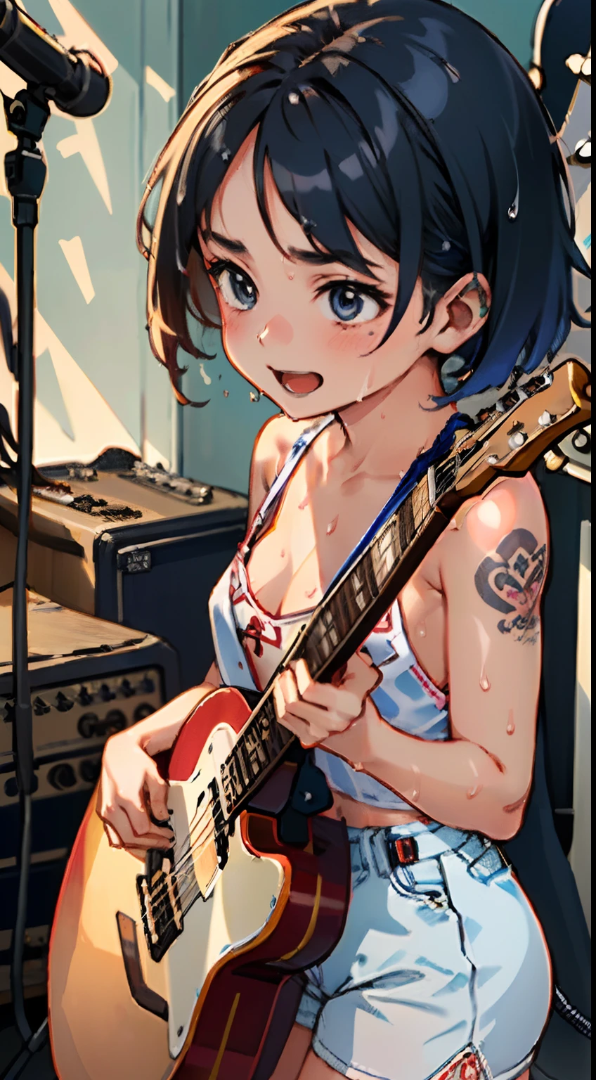 Ultra Best Quality, Ultra High Res, Ultra Detailed, anime style, the essence of a beautiful female bard with meticulous attention to detail, Gypsy black woman with colored hair holding a guitar, fingers gracefully strumming a lute, Her black hair shimmers beneath a charming red hat, plump ass, big ass, wide hips, curvy, orange eyes, short hair, layered bob cut, cowboy shot, front view, cute smile, sexy, slut, erotic, solo focus, acoustic guitar, lute, wearing side mesh lace up bodycon skirt , standing in tavern, wedgie, G-string, Tanga, very tiny thong, Dungeons & Dragons