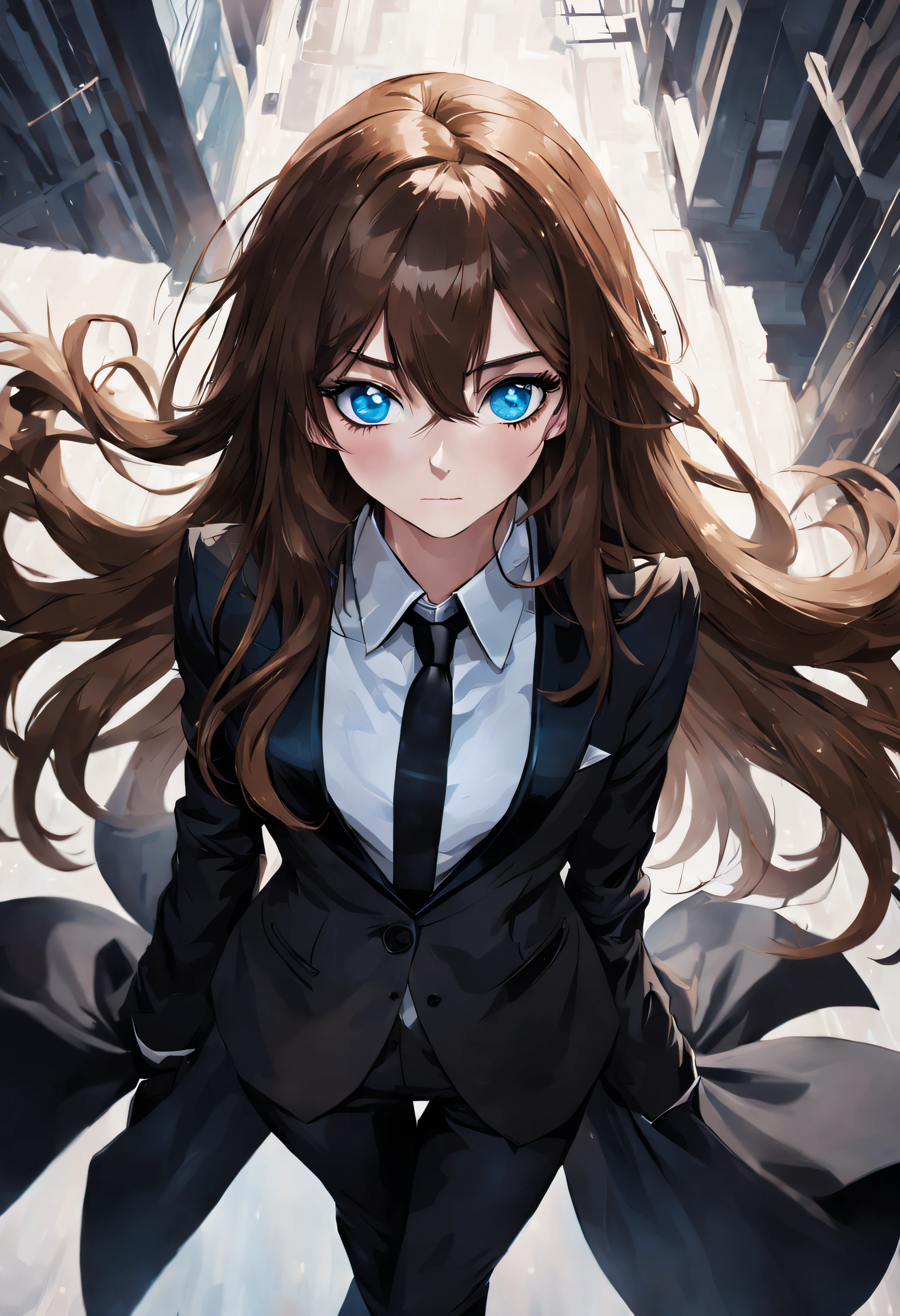 girl with long brown hair, blue eyes, black tuxedo, looking at you from above, with a contemptuous face