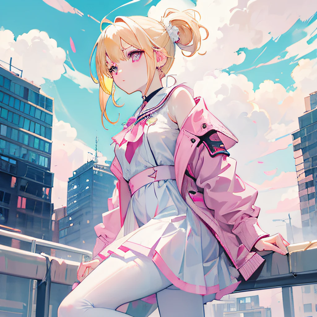 Light yellow hair,Double ponytail hairstyle,Pink eyes,Pink pupils,s girl,White silk pantyhose,Background city,with blue sky and white clouds