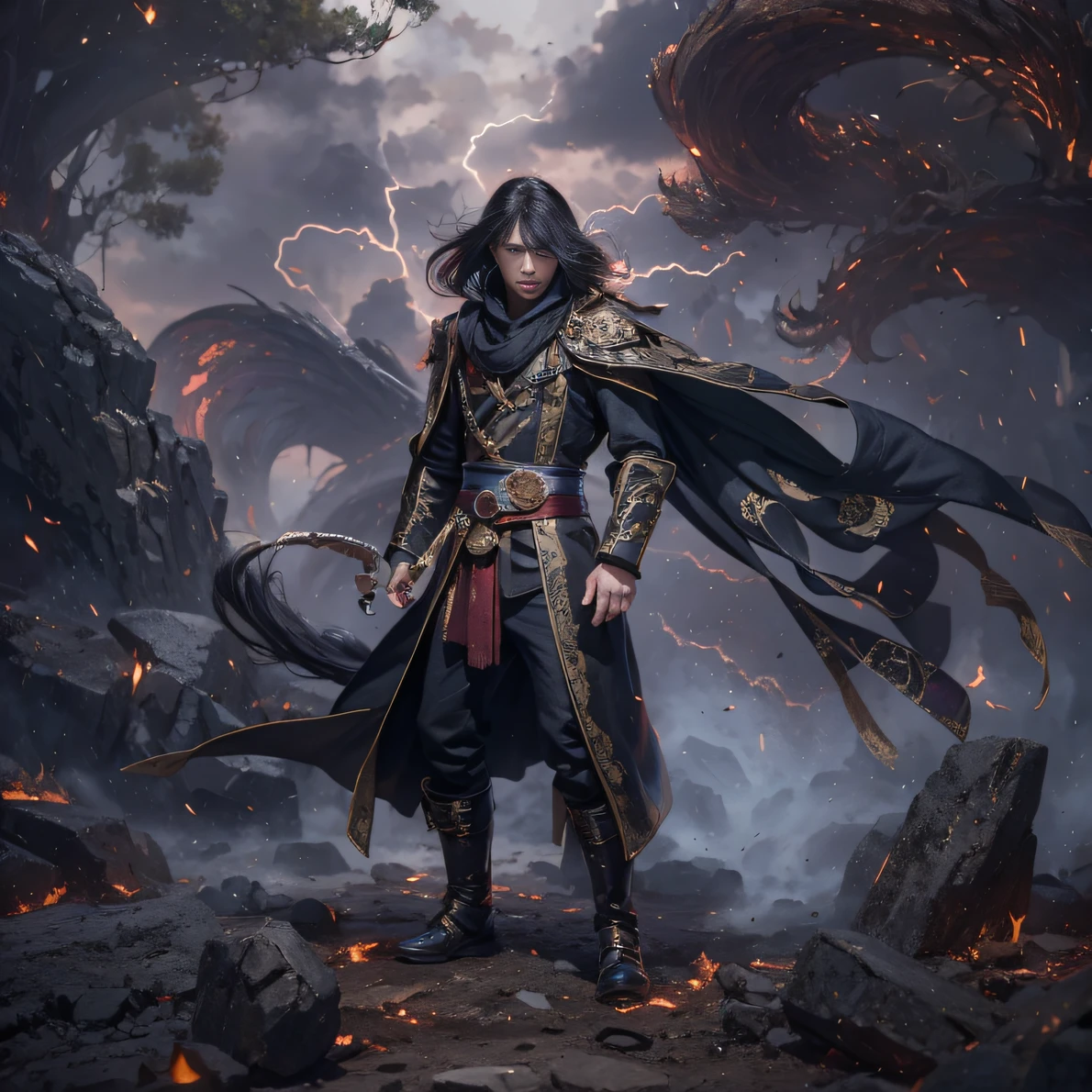 Full Body Male Mage 32K(tmasterpiece,k hd,hyper HD,32K)Long flowing black hair,Camping site area,zydink, a color, patriot (废墟), (Linen batik scarf), Angry fighting stance, looking at the ground, Batik linen bandana, Chinese python pattern long-sleeved garment, (Abstract propylene splash:1.2), Dark clouds lightning background,Flour flies(realisticlying:1.4),Black color hair,Flour fluttering,Background fog, A high resolution, the detail, RAW photogr, Sharp Re, Nikon D850 Film Stock Photo by Jefferies Lee 4 Kodak Portra 400 Camera F1.6 shots, Rich colors, ultra-realistic vivid textures, Dramatic lighting, Unreal Engine Art Station Trend, cinestir 800,Flowing black hair,(((Male mage))),The male mage was furious,