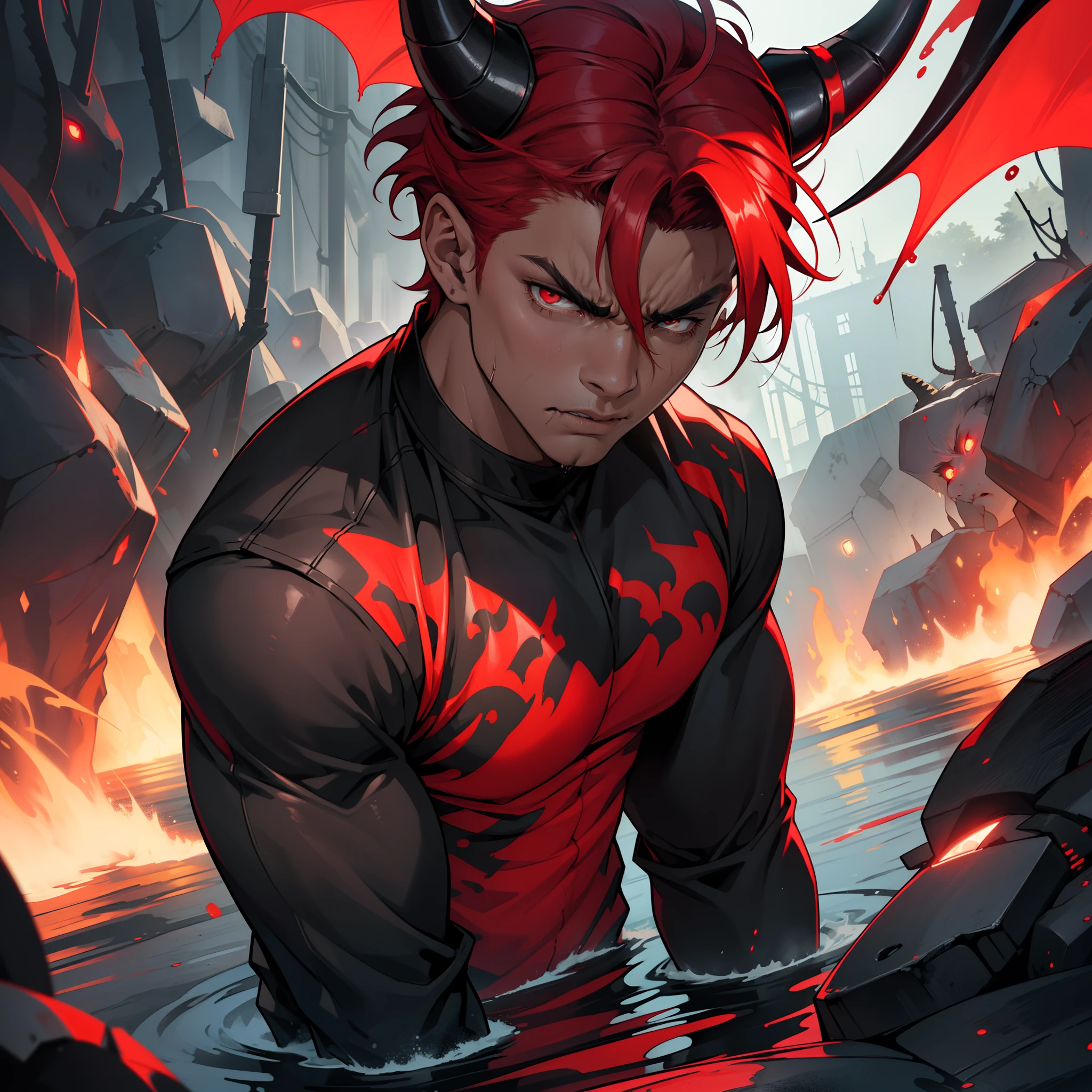 full body shot of a masculine young man, ((he is a demon)), he has demonic hands, ((all his clothes are liquid)), clean shaven and ((short cropped red hair)), pouty pink lips, splashed ink drips down his body, he is very sweaty, he is posing, ((has dark tanned skin with black and red hints)), ((he is very angry)), ((has demon horns)), large bulge, solo, alone, has glowing red eyes, he is in a dark hellish environment that is smoky and grungy