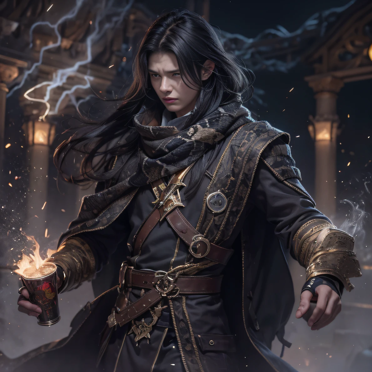 Full Body Male Mage 32K(tmasterpiece,k hd,hyper HD,32K)Long flowing black hair,Camping site area,zydink, a color, patriot (废墟), (Linen batik scarf), Angry fighting stance, looking at the ground, Batik linen bandana, Chinese python pattern long-sleeved garment, (Abstract propylene splash:1.2), Dark clouds lightning background,Flour flies(realisticlying:1.4),Black color hair,Flour fluttering,Background fog, A high resolution, the detail, RAW photogr, Sharp Re, Nikon D850 Film Stock Photo by Jefferies Lee 4 Kodak Portra 400 Camera F1.6 shots, Rich colors, ultra-realistic vivid textures, Dramatic lighting, Unreal Engine Art Station Trend, cinestir 800,Flowing black hair,(((Male mage))),The male mage was furious,