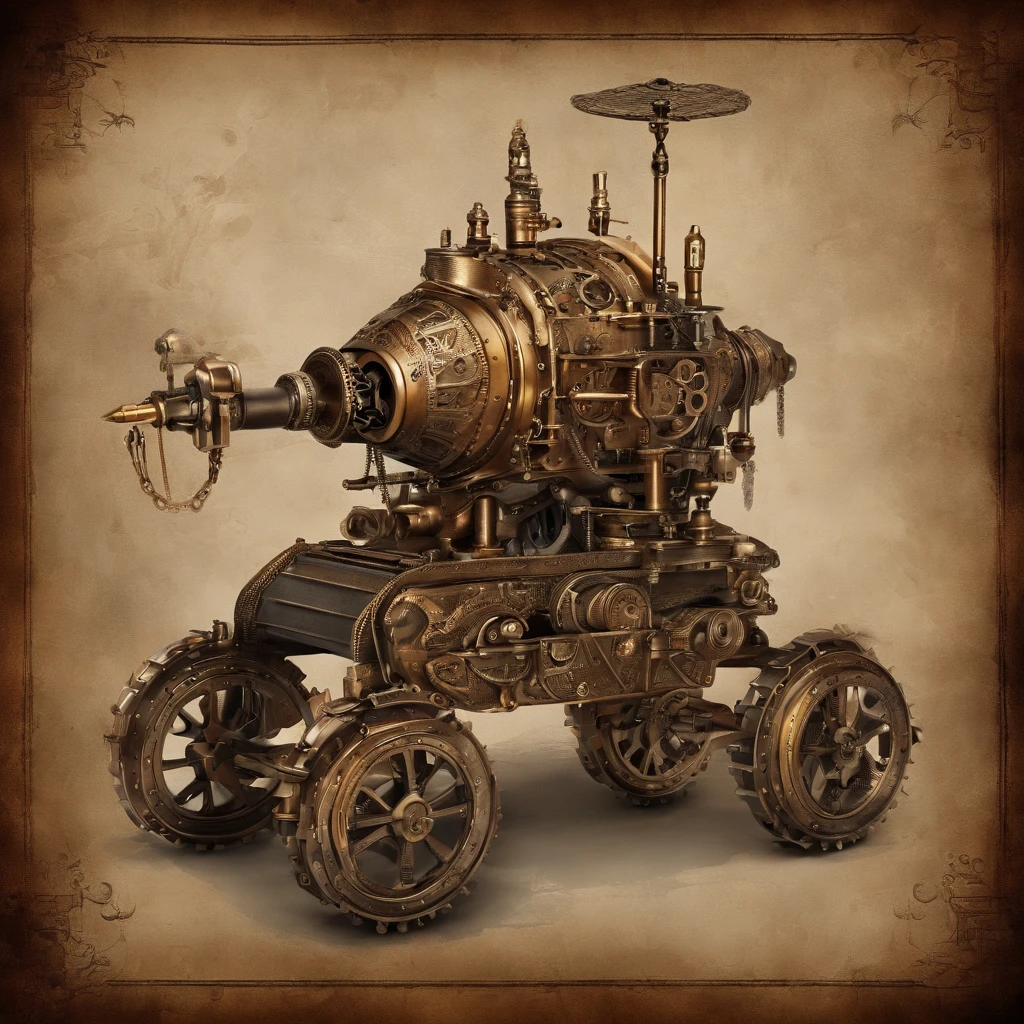 old war mech, steampunk, has heavy weapons mounted on its back,