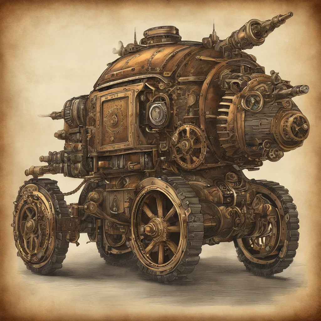 old war mech, steampunk, has heavy weapons mounted on its back,