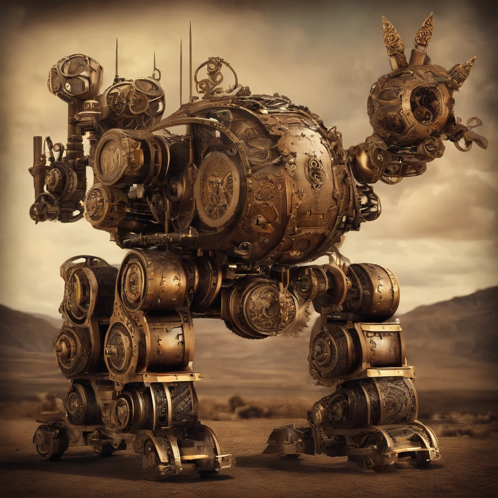old war mech, steampunk, has heavy weapons mounted on its back,
