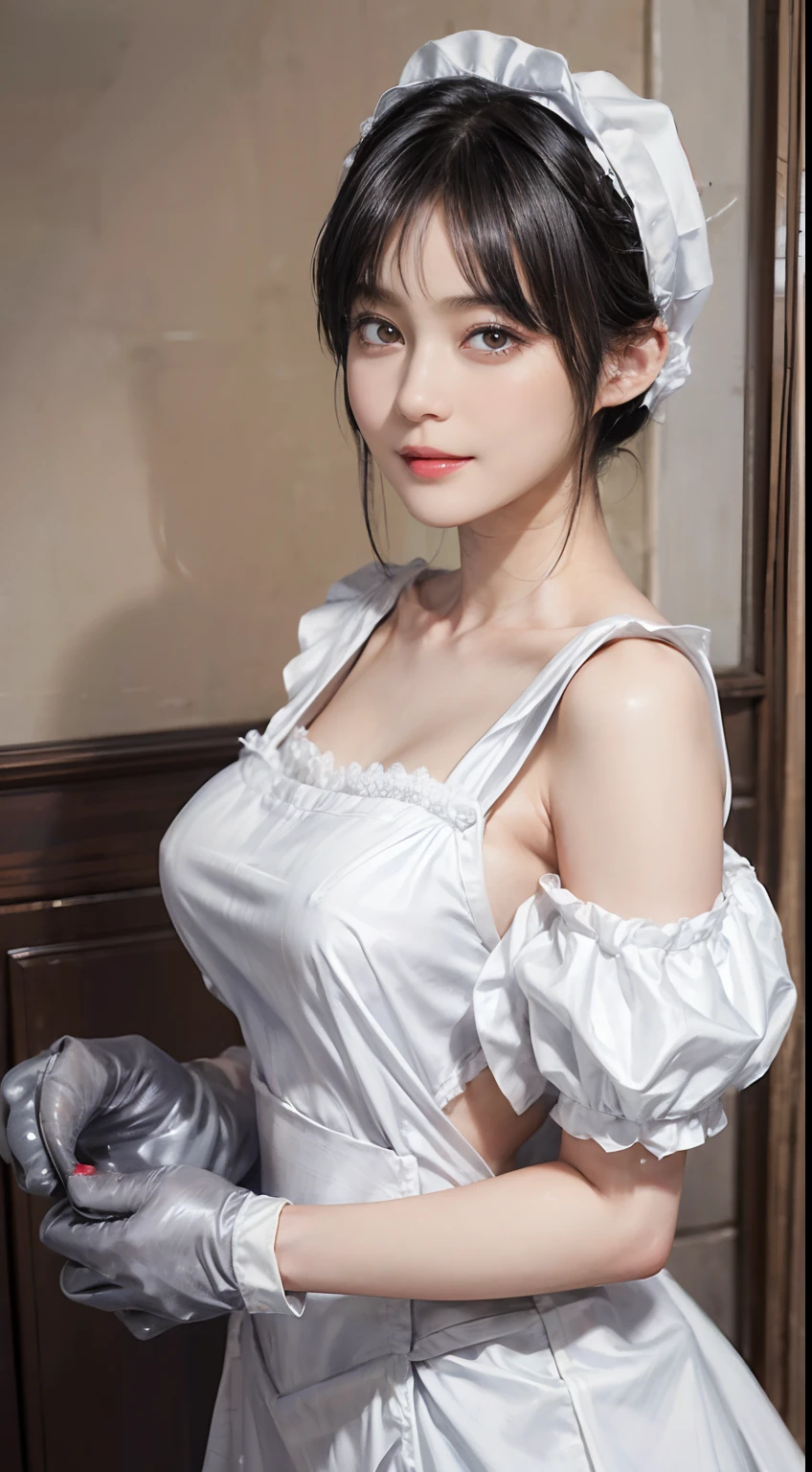 01
(Black Shorthair:1.3), (a 20 yo woman), (A hyper-realistic), (Masterpiece), (8KUHD), Beautiful woman, a smile, (Wearing a white maid outfit:1.3), breast, Standing in a maid café