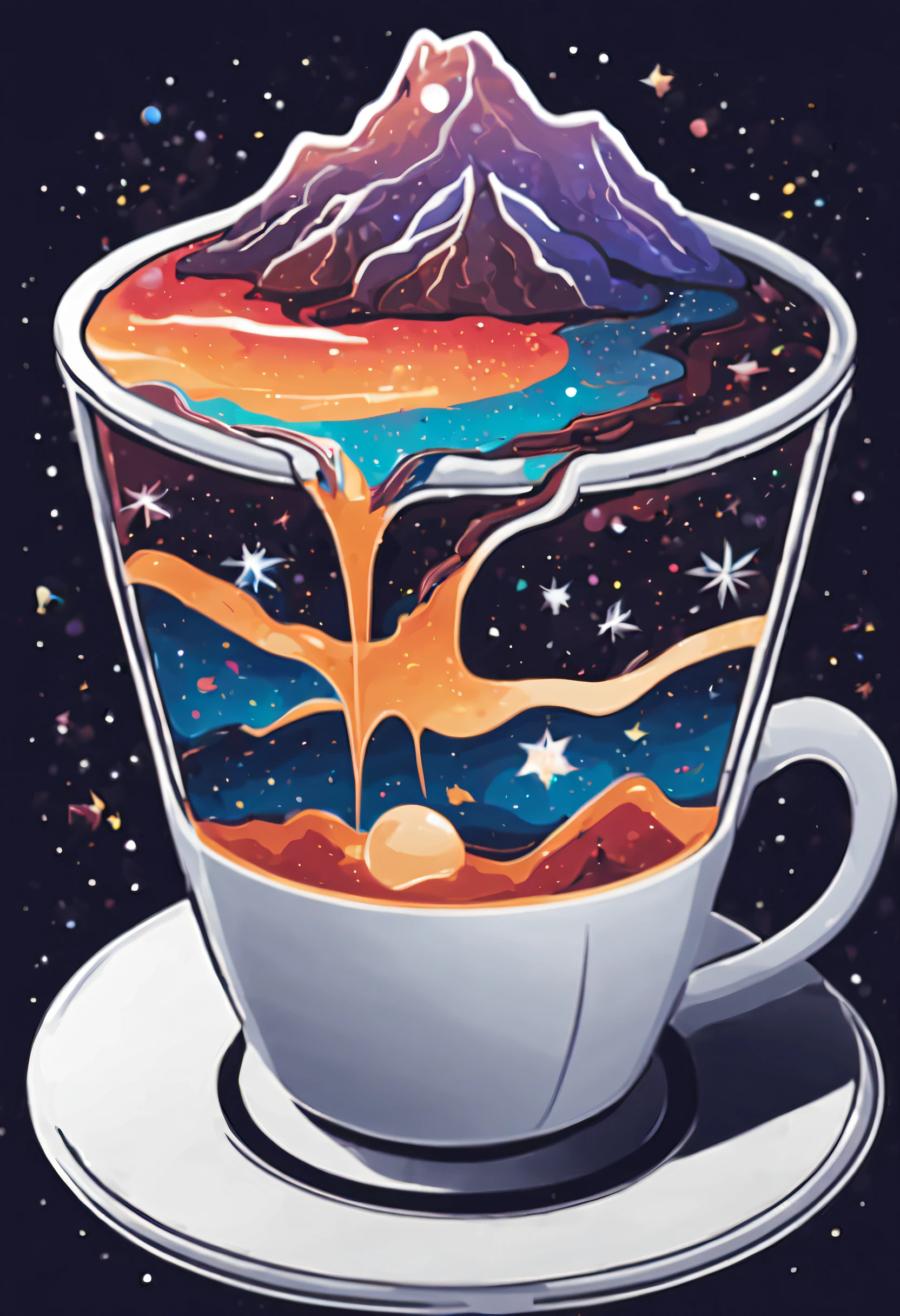 very details galaxy inside a cup of coffee, white background, T-shirt design, streetwear design, pro vector, full design, 6 colors only, solid colors, no shadows, full design, warm colors, plants, isometric pendleton patterns, sticker, bright colors