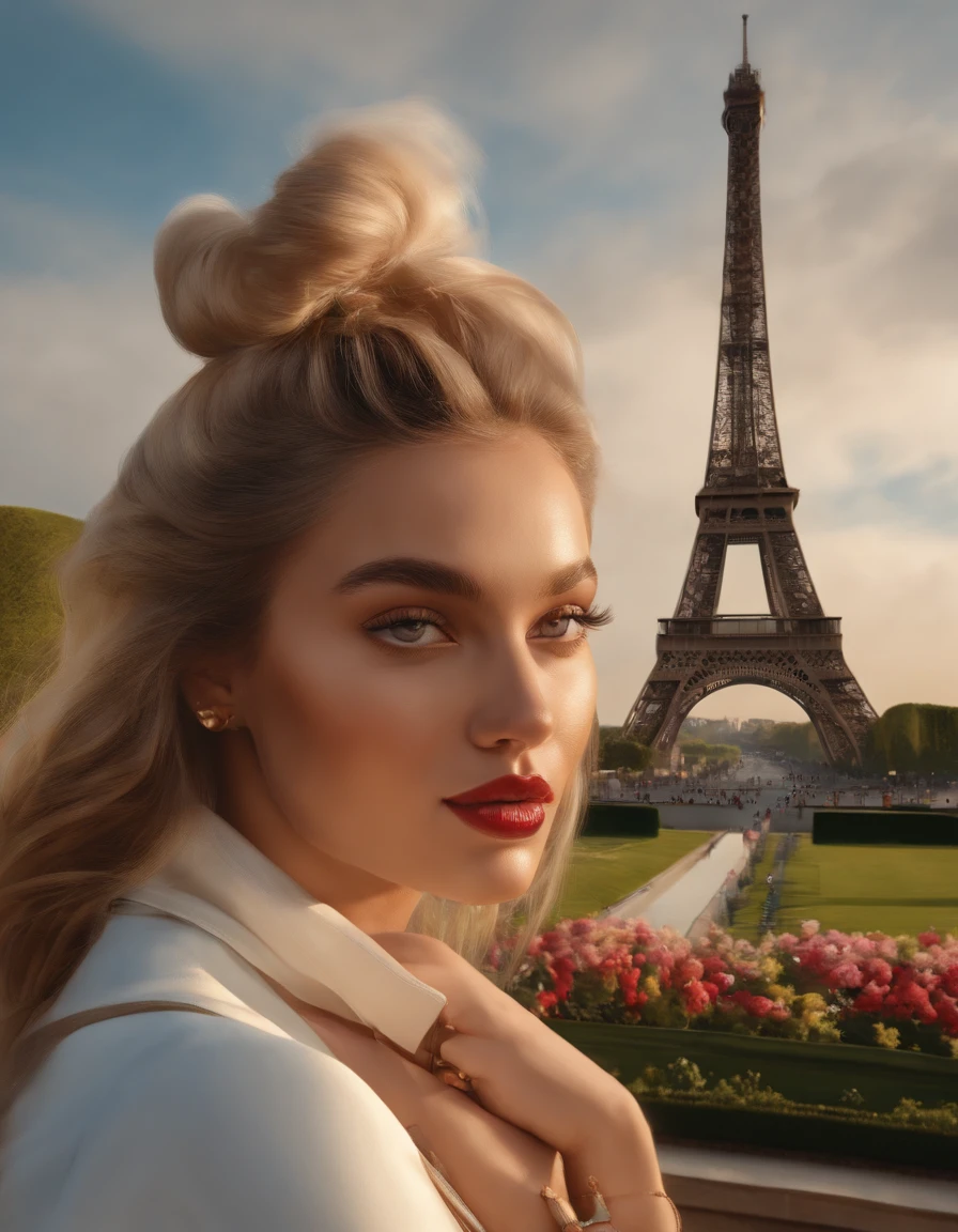 (best quality,4k,8k,highres,masterpiece:1.2),ultra-detailed,(realistic,photorealistic,photo-realistic:1.37),portrait,medium:oil painting,man,wearing Gucci clothes,mixed race,woman,with blonde hair,wearing Gucci clothes,in front of the Eiffel Tower,beautiful detailed eyes,beautiful detailed lips,extremely detailed eyes and face,long eyelashes,modern fashion style,romantic atmosphere,clear blue sky,soft sunlight,stunning view,cityscape,park,flowers,lovely couple,stylish poses,confident expressions,vivid colors,fine brushwork,impressive perspective,immaculate details,meticulous craftsmanship.