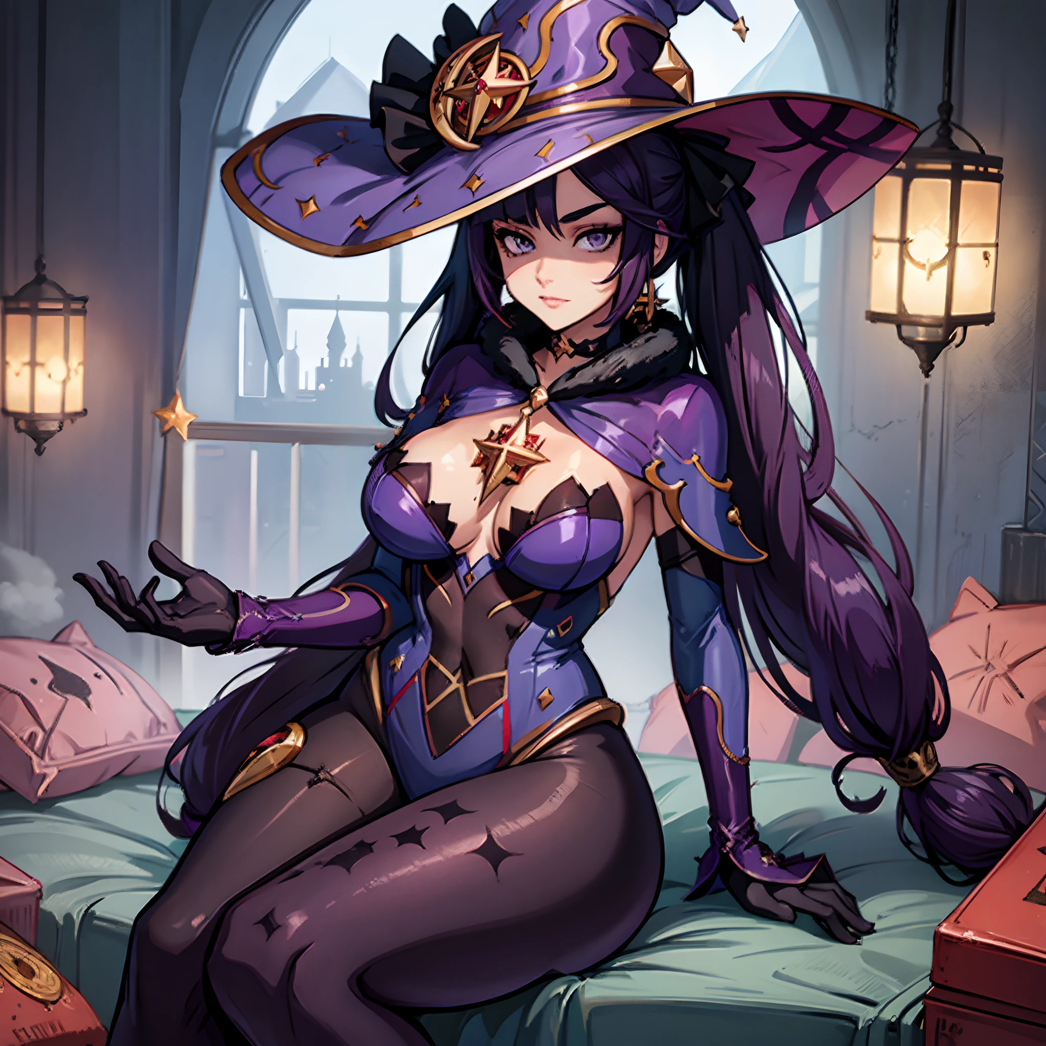 Female with dark purple hair, silver eyes, large breasts, cleavage, wearing sexy purple dress, sexual pose, wearing witches hat