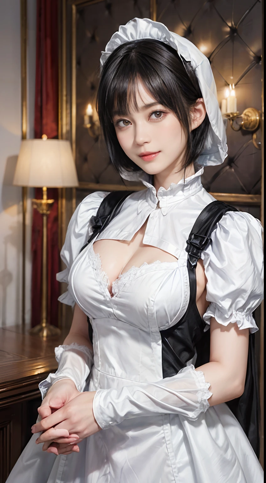01
(Black Shorthair:1.3), (a 20 yo woman), (A hyper-realistic), (Masterpiece), (8KUHD), Beautiful woman, a smile, (Wearing a white maid outfit:1.3), breast, Standing in a maid café