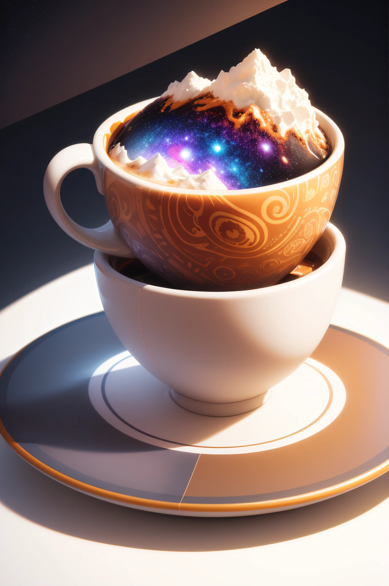 very details galaxy inside a cup of coffee, white background, T-shirt design, streetwear design, pro vector, full design, 6 colors only, solid colors, no shadows, full design, warm colors, plants, isometric pendleton patterns, sticker, bright colors