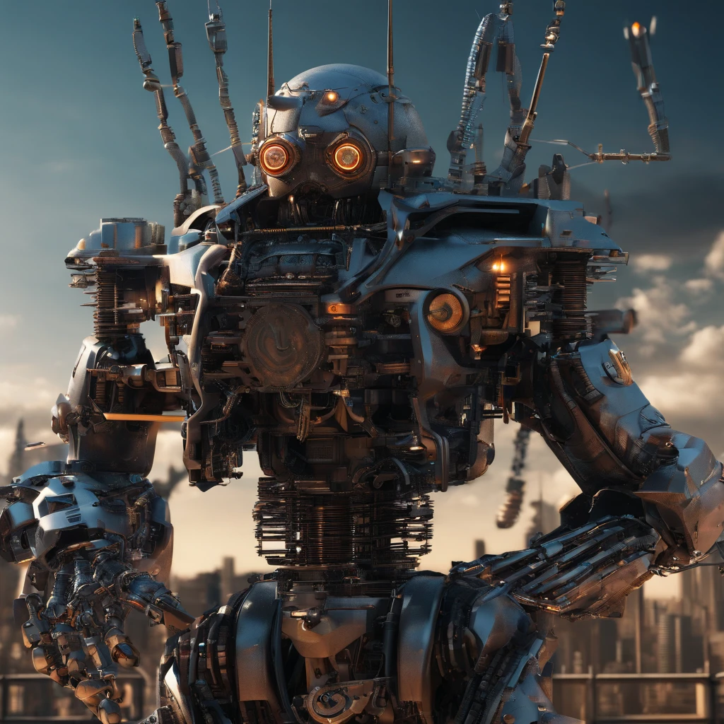 mech, steampunk, has heavy weapons mounted on its back, humanoid