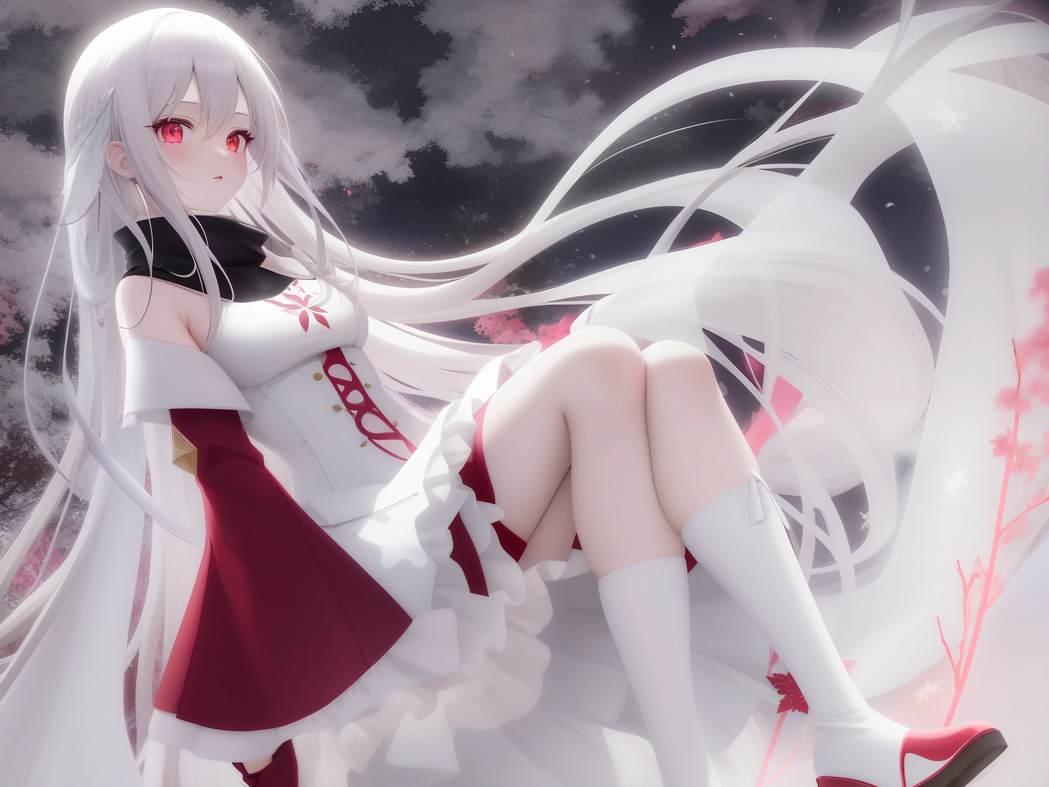 Anime game Arcane Garden's of the Great White Empire - Crazy fairy, snow white skin, long hair with straight locks, ash hair, pink empty eyes, white feather wings folded down, long white and ash scarf, white and ash dress with a short skirt, scarlet patterns of tree branches from the Ash Garden in the background, dark scarlet patterns of snowflakes on the dress, long burgundy socks, dark scarlet boots