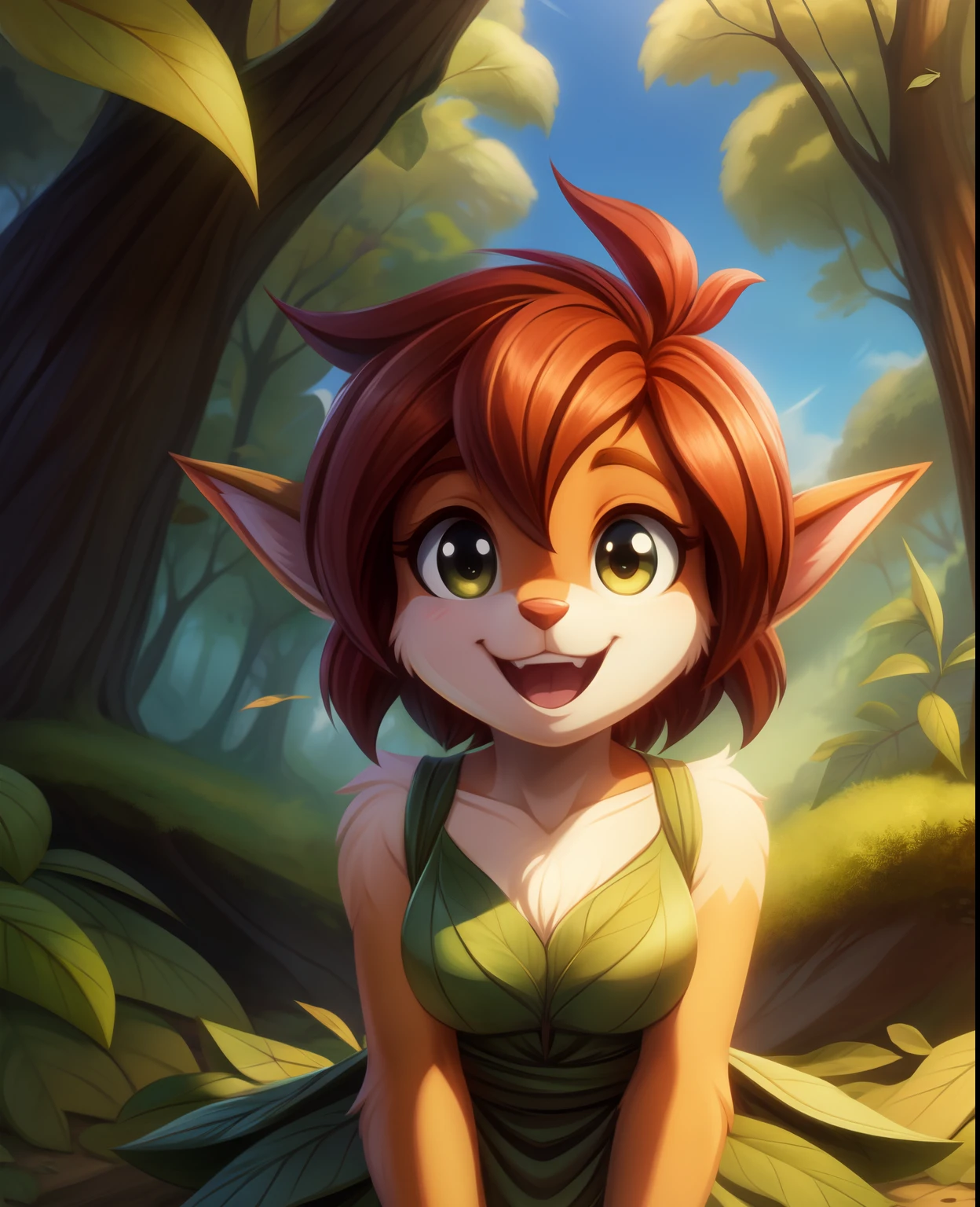 wildblur,,, elora furry, detailed and extremely fluffy body fur, fluff, masterpiece, looking up beautiful surroundings, detailed background, happy, leaf-dress