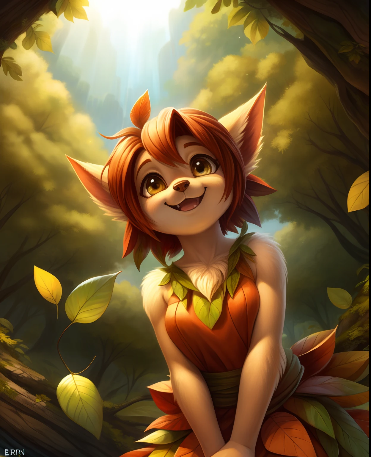 elora furry, detailed and extremely fluffy body fur, fluff, masterpiece, looking up beautiful surroundings, detailed background, happy, leaf-dress, (sfw), nice, cute,