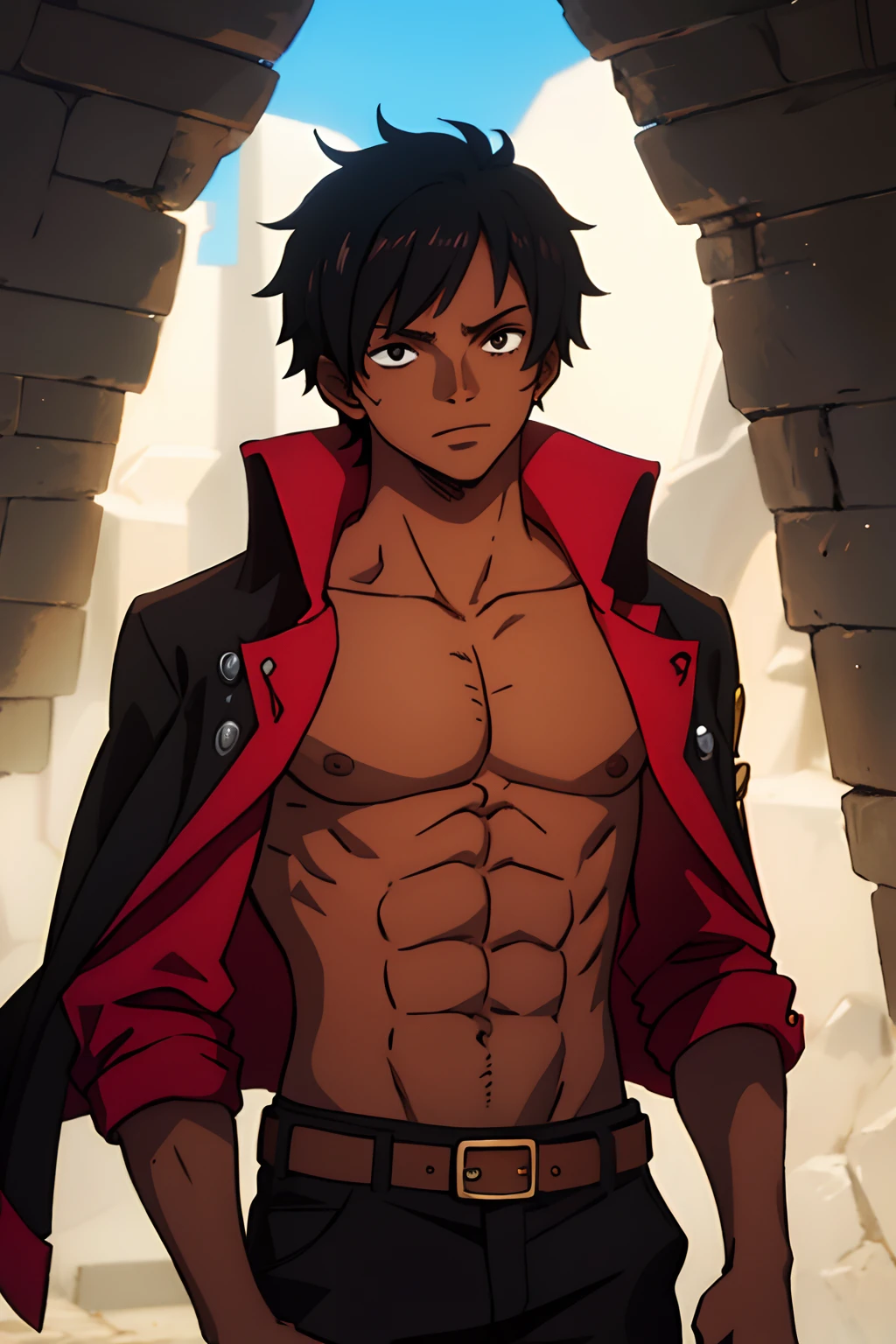 age male pirate, dark skin, dark hair, open jacket, shirtless
