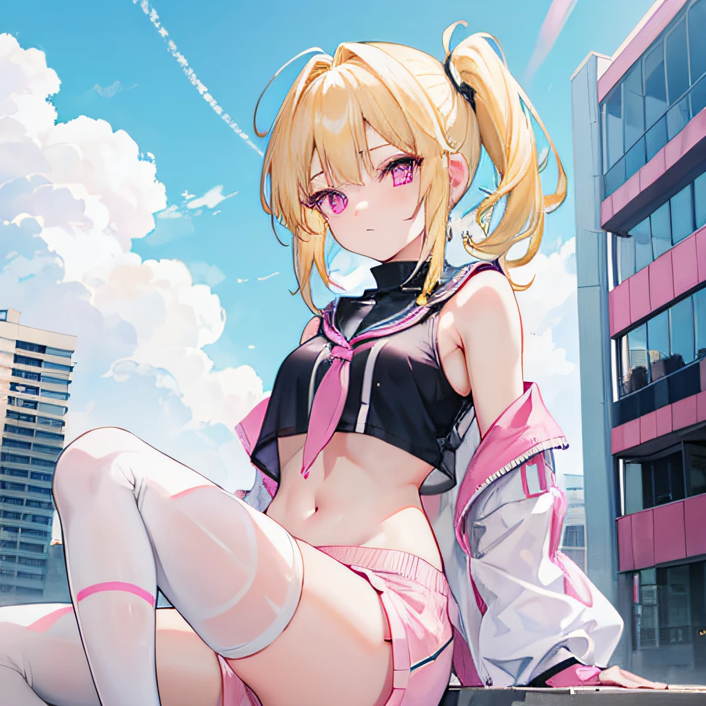 Light yellow hair,Double ponytail hairstyle,Pink eyes,Pink pupils,s girl,Bandeau top,shorter pants,Crop topping,White silk knee socks,Background city,with blue sky and white clouds