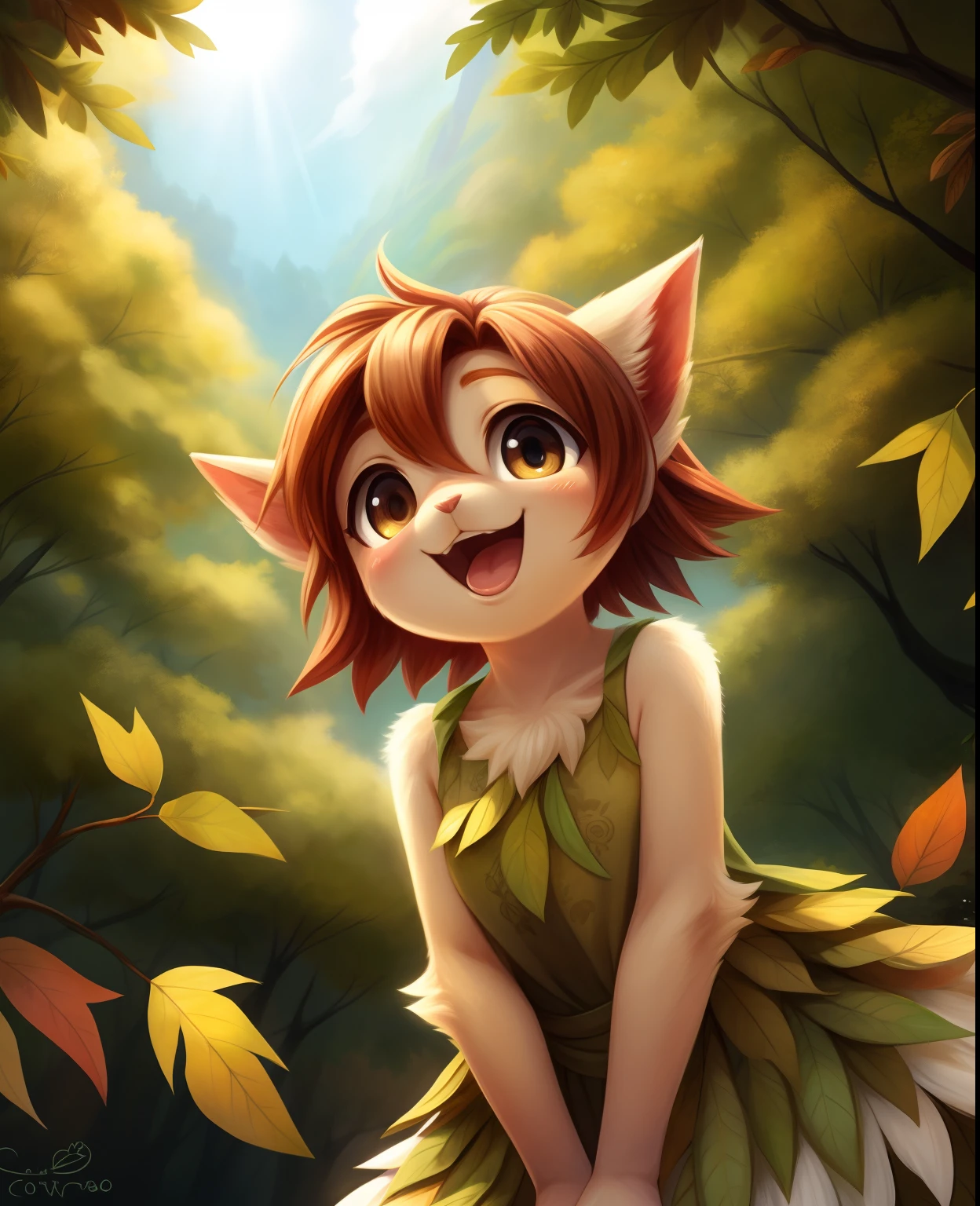 by cotora,, elora furry, detailed and extremely fluffy body fur, fluff, masterpiece, looking up beautiful surroundings, detailed background, happy, leaf-dress