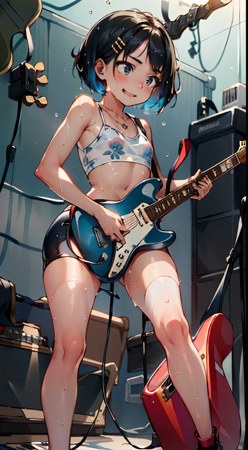 masterpiece, best quality, ultra-detailed, illustration, an extremely delicate and beautiful,high resolution, ultra-detailed,,perfect face,slender perfect body, Tight belly,Toned buttocks,Constricted waist,,(1 girl to band,guitar:1.7), yo,(1girl to colorful hair),(big smile),black sunglasses, (big tattoo),(1girl to very short hair), shy daughter, short stature,(rock and roll star:1.3),(small breasts),on a luxurious stage), (band girl), (wet:1.2),((very wide shot )),( sweaty skin:1.2),(low view:1.5)