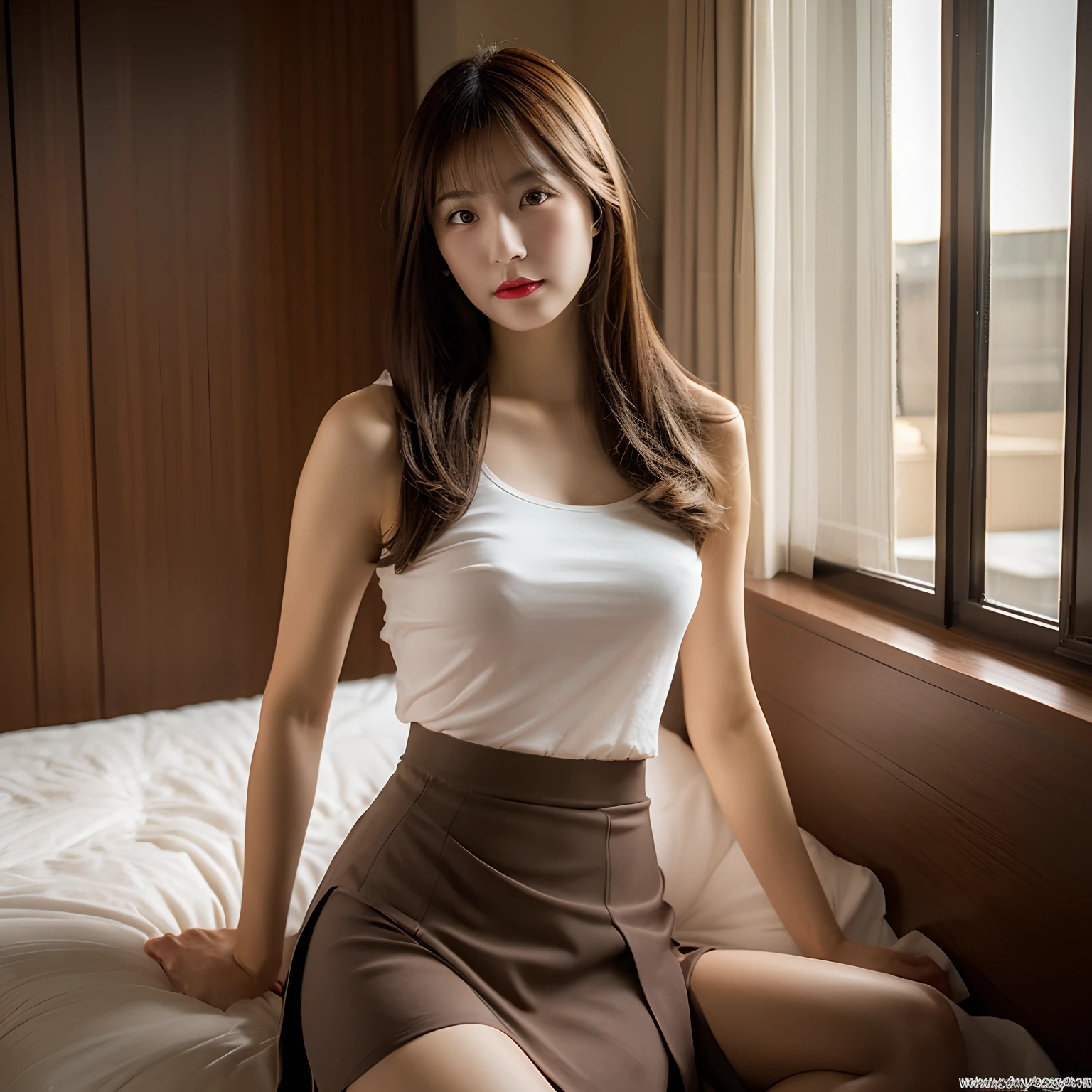 Skin revealing,a bed,by the window,Sunset,low angles,top-quality,masterpiece,(skirt by the:1.5),pantyhose,NSFW,Fours