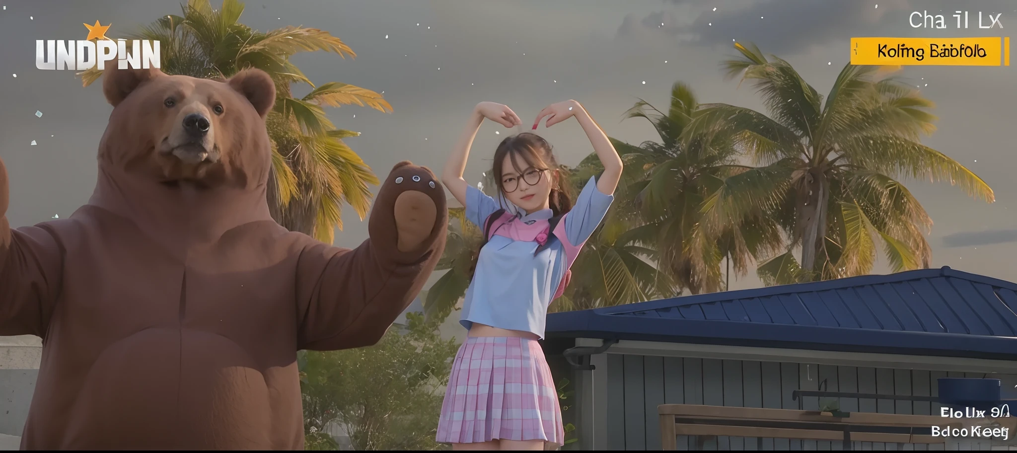 Cute girl , blue uniform , pink skirt, with bear
