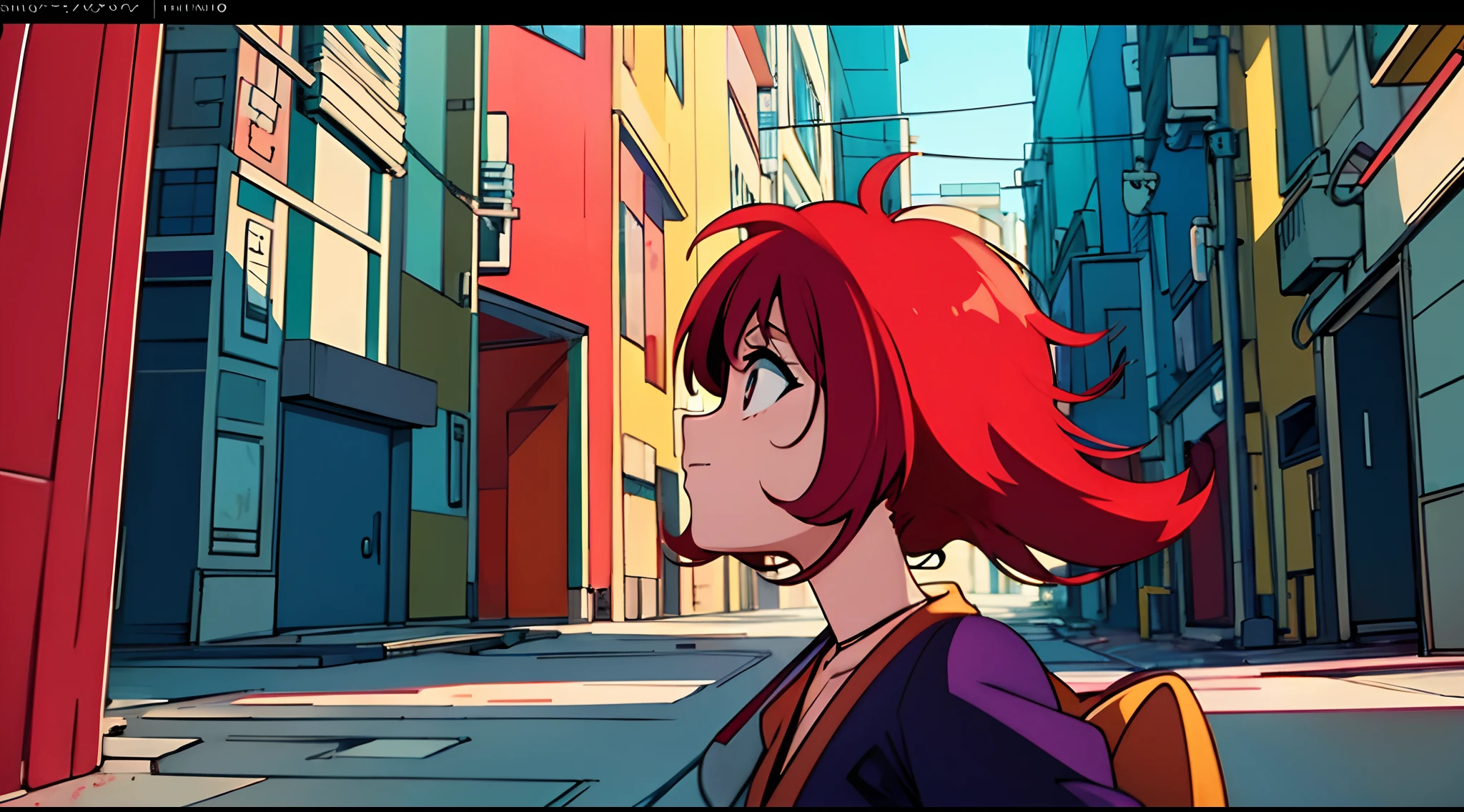 (Alta qualidade), (4K), a woman with red hair and a green shirt in front of a building, menina lofi, 8 0 s vibe anime, anime vibes, Digital anime illustration, retro anime girl, menina anime sedutora, Elogio Artstyle, no estilo de arte do anime 8 0 s, estilo anime. 8k, arte digital do anime cyberpunk, estilo anime 4K