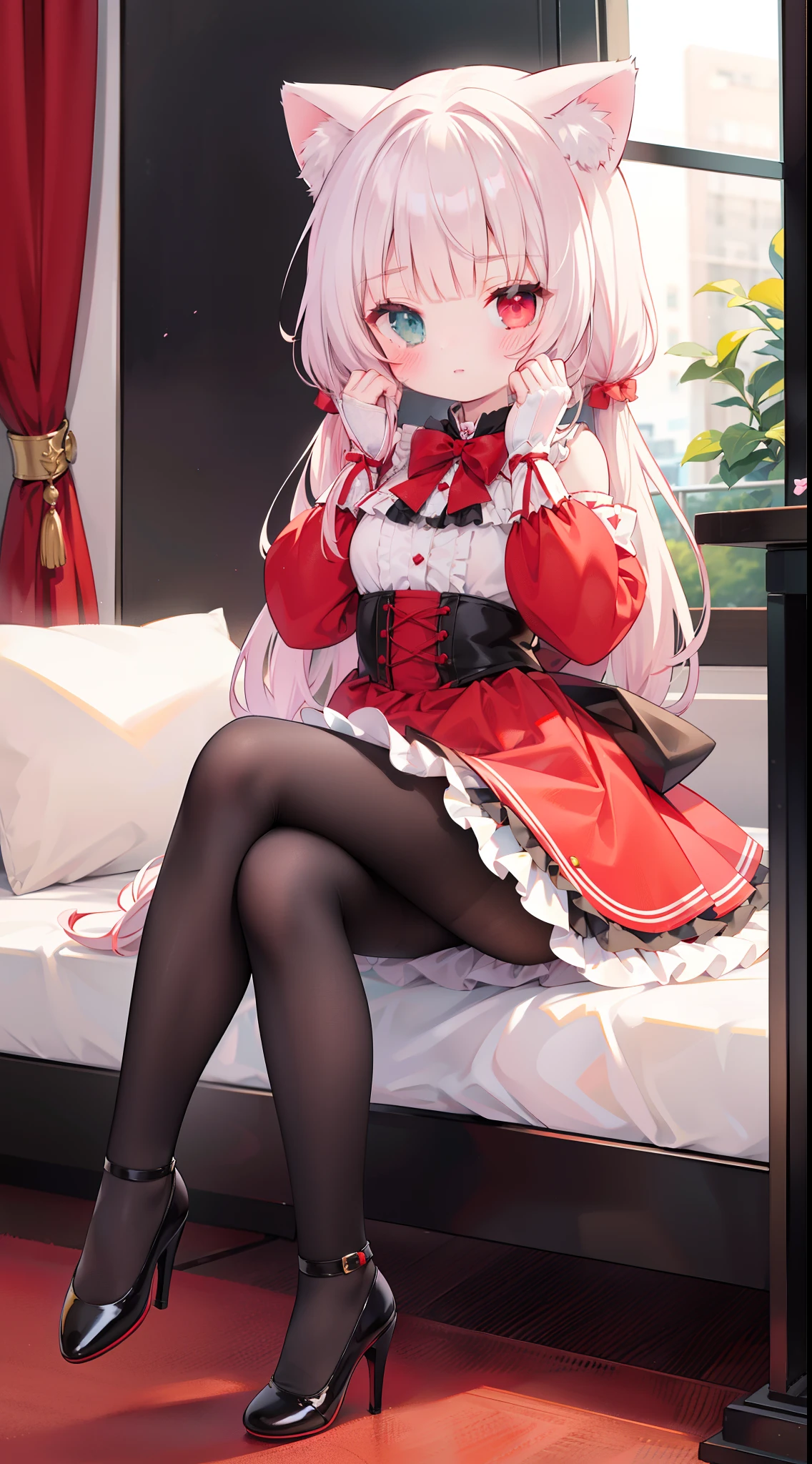 Wear beautiful clothes(Pure red Lolita skirt),Heteropupil,Heterochromia,The girl was cute,cat ear,coda,Tied with a ball head,hair tying up,(mitts),lacepantyhose,red high heel pumps,dynamicposes,photographed,Pose,Sit Pose,Full body photo