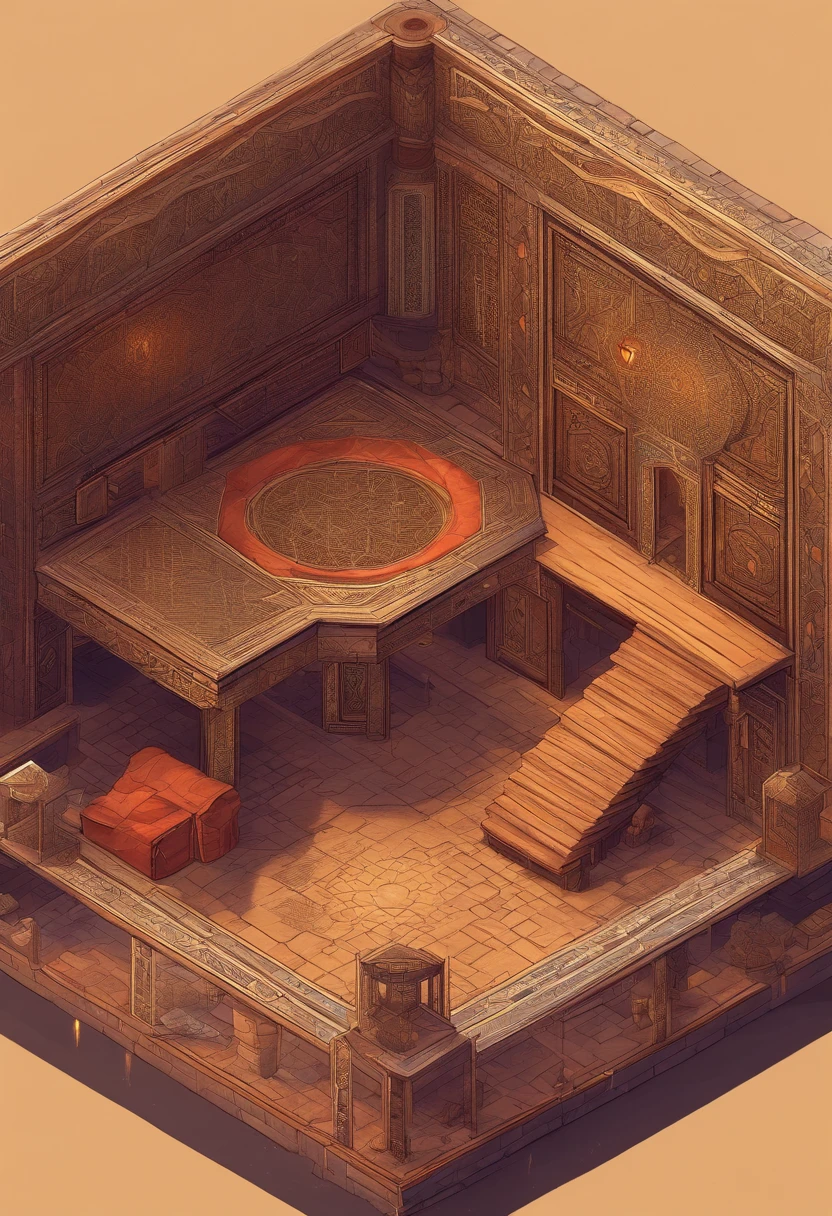 top down on an arabian fantasy brothel with a fighting pit in the center and a bronze cage around the fighting pit