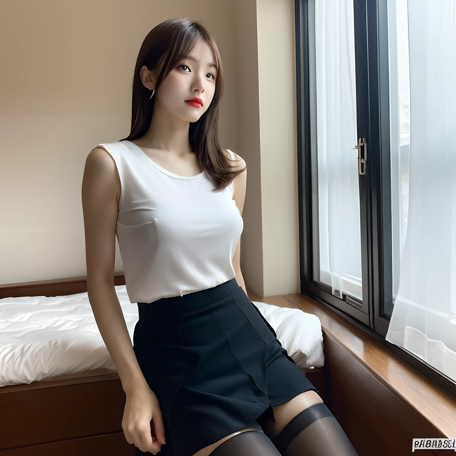 Skin revealing,a bed,by the window,full morning sun,low angles:1.5,top-quality,masterpiece,(skirt by the:1.5),pantyhose,NSFW,Fours