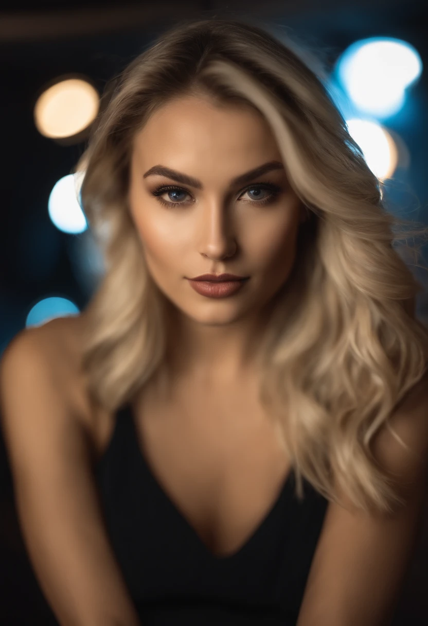 blonde woman with matching tank top and skirt posing at a night club, fille sexy aux yeux bleus, Portrait Sophie Mudd, blur background, best quality, 1girl, Portrait de Corinna Kopf, cheveux blonds et grands yeux, selfie of a young woman, ohne Maquillage, maquillage naturel, Look directly into the camera, Visage avec Artgram, dezentes Maquillage, Superbe photo du corps entier, dans la chambre, Gros seins, Blonde, latina