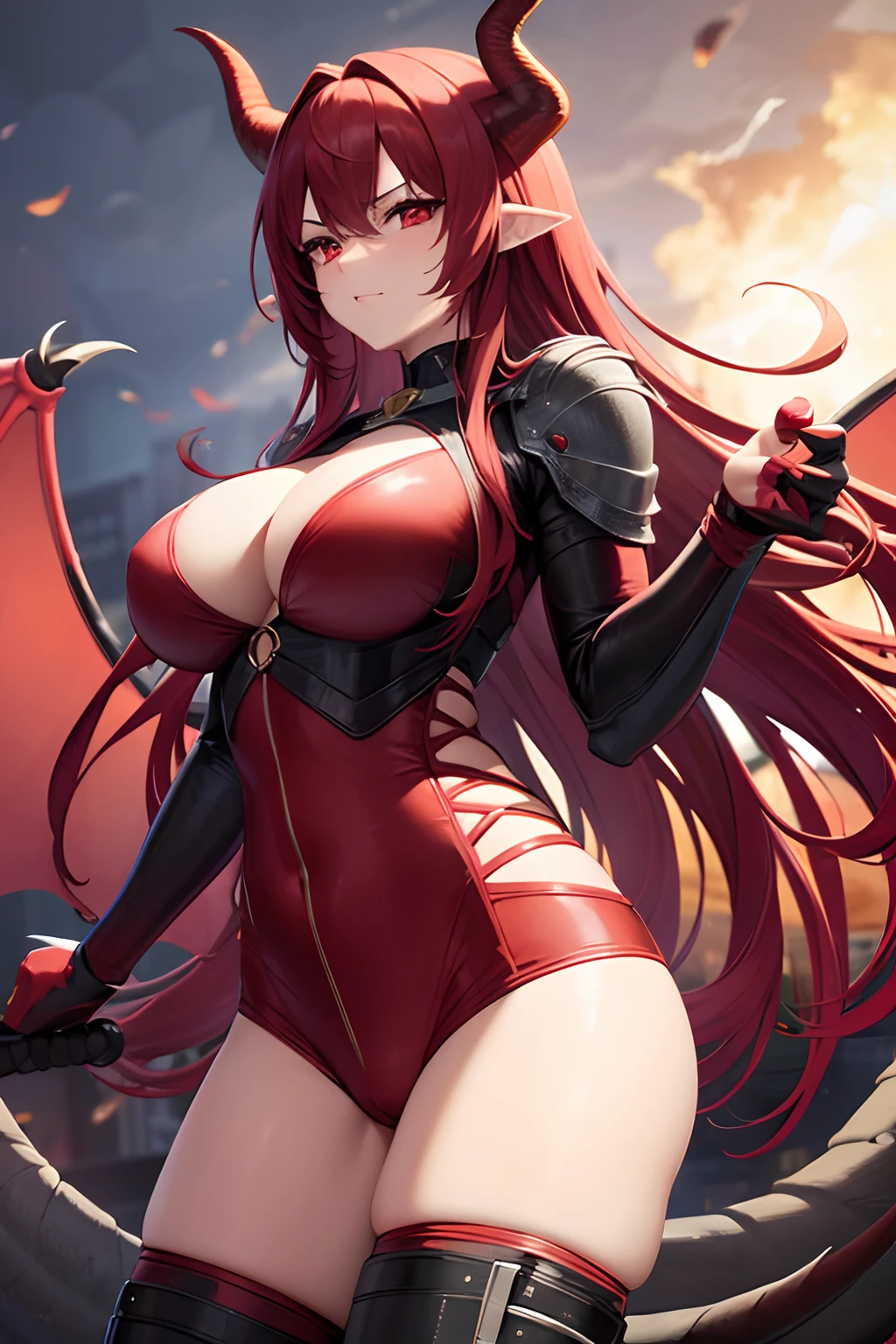 1giant girl, long scarlet red hair, black horns on the head, scarlet red eyes, sexy body, big breasts, fighting pose, claws on hands, combat suit, dragon wings, dragon tail
