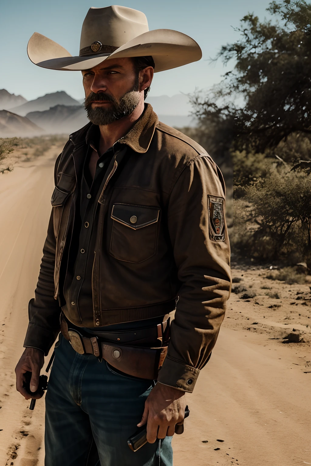crie uma imagem de um homem western movie style, white man, western movie style hat, dust, desert, holding a gun, homem branco, homem branco, cabelo preto, barba preta, cidade velho oeste ao fundo,deserto, Cyberpunk, 8k, Hiper realista, cinemactic, foco no rosto do soldado, The photo is taken with an 18 mm wide-angle camera, em 8k fotorrealismo, creating an image that evokes amazement and amazement at the destruction of the city, ouro. zoom no rosto