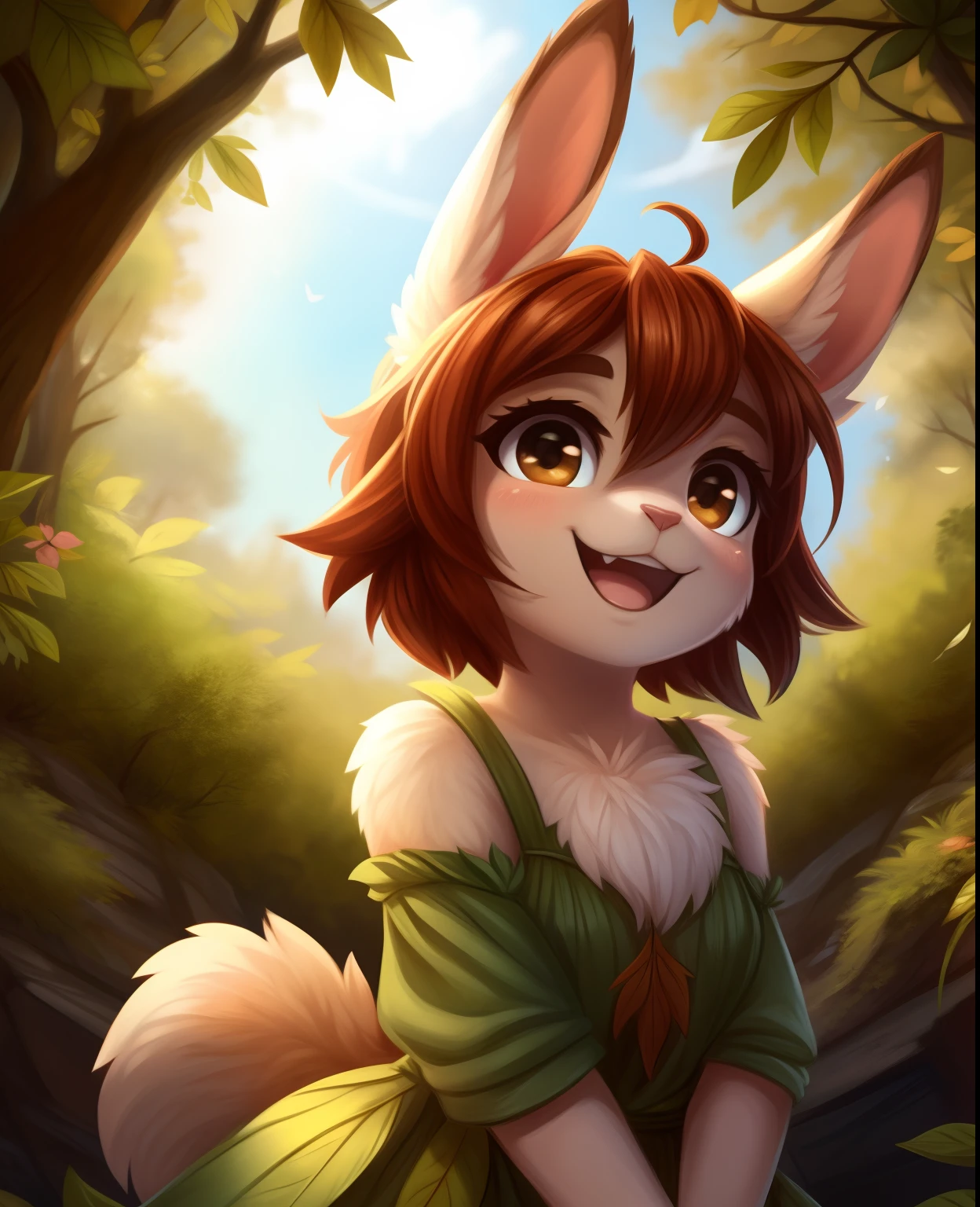 by bunnybits,,, elora furry, detailed and extremely fluffy body fur, fluff, masterpiece, looking up beautiful surroundings, detailed background, happy, leaf-dress