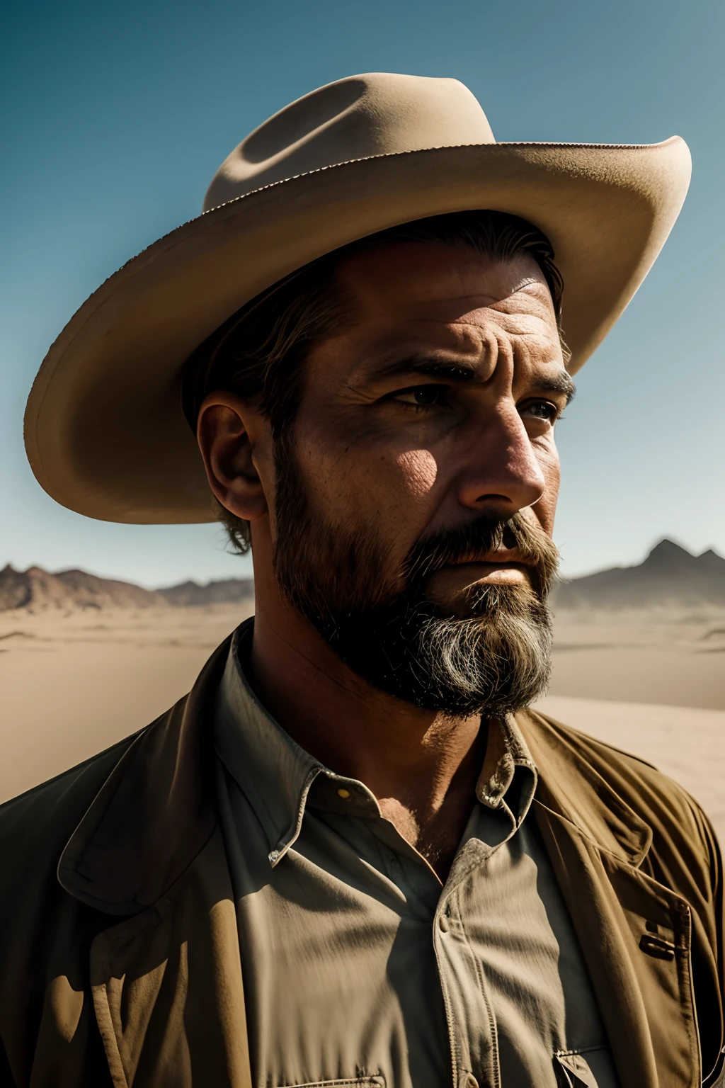 crie uma imagem de um homem western movie style, white man, western movie style hat, dust, desert, holding a gun, homem branco, homem branco, cabelo preto, barba preta, cidade velho oeste ao fundo,deserto, Cyberpunk, 8k, Hiper realista, cinemactic, foco no rosto do soldado, The photo is taken with an 18 mm wide-angle camera, em 8k fotorrealismo, creating an image that evokes amazement and amazement at the destruction of the city, ouro. zoom no rosto