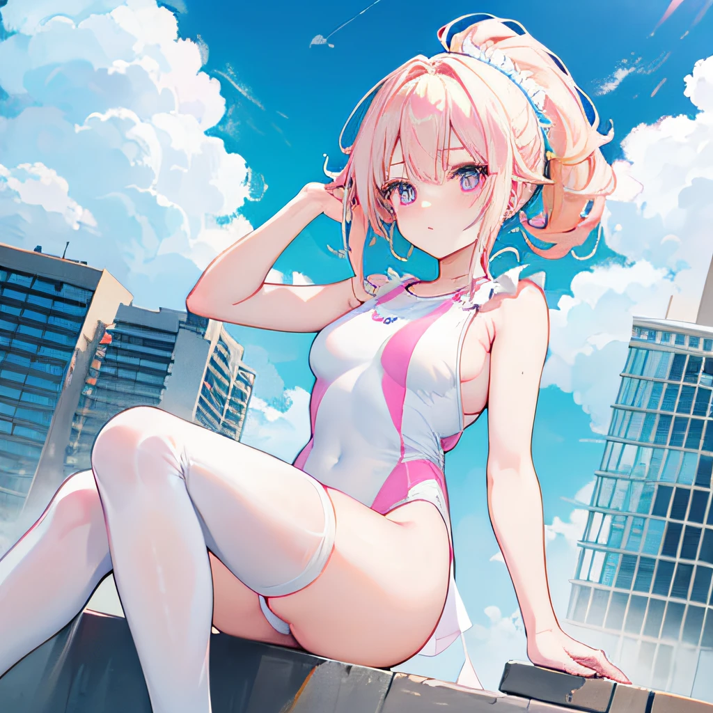 Light yellow hair，Double ponytail hairstyle，Pink eyes，Pink pupils，teens girl，blue one-piece swimsuit，White silk knee socks，Background city，with blue sky and white clouds