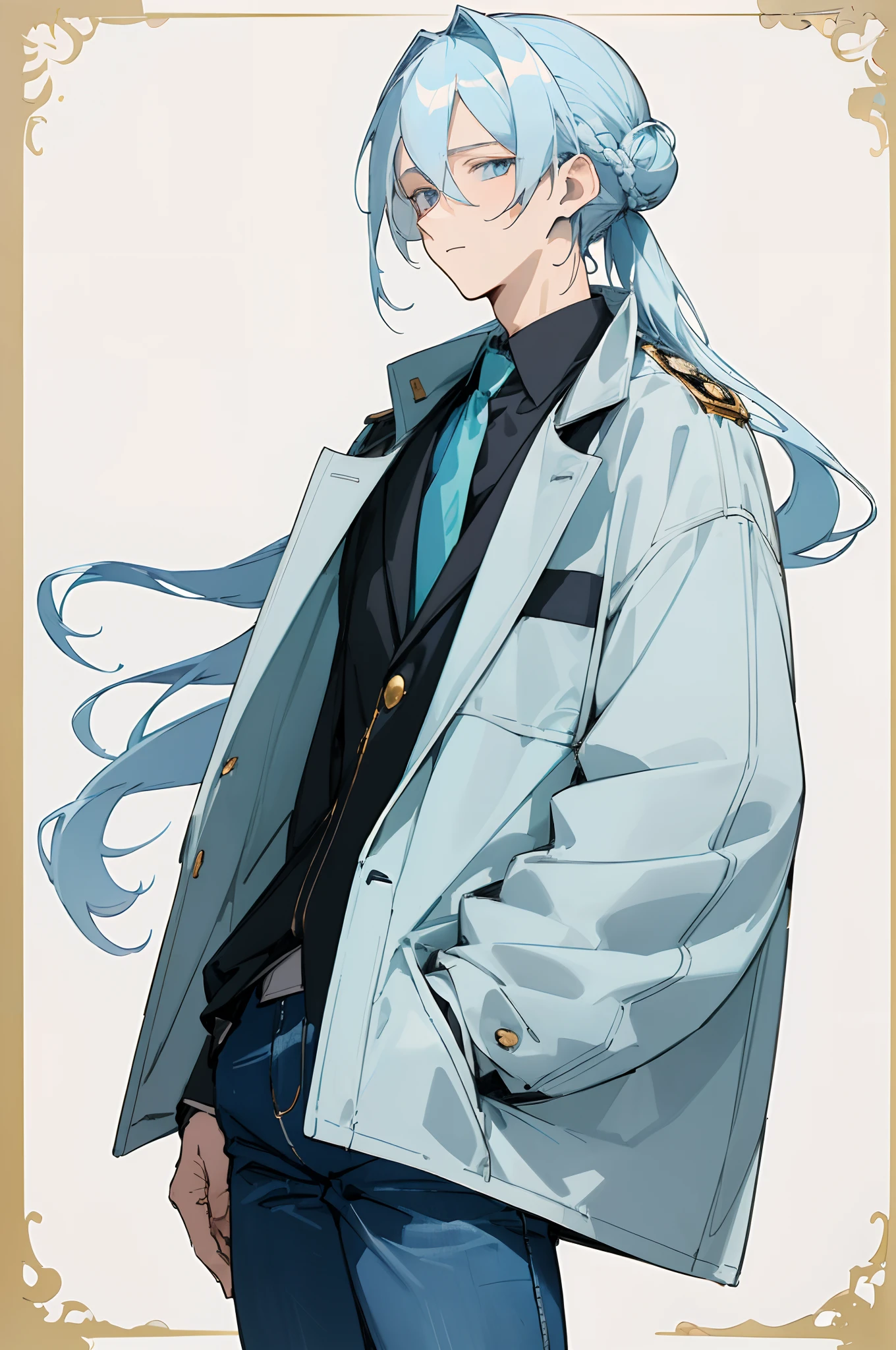 (masterpiece, best quality) detailed, 1Character , blue archive art style , pastel washed out colors , cell shade , soft, muted shades ,gentle colors , Handsome young man , long hair , light blue hair , pale skin , golden eyes , age 21 , wearing a black and white sports jacket , blue jeans , hair in a bun