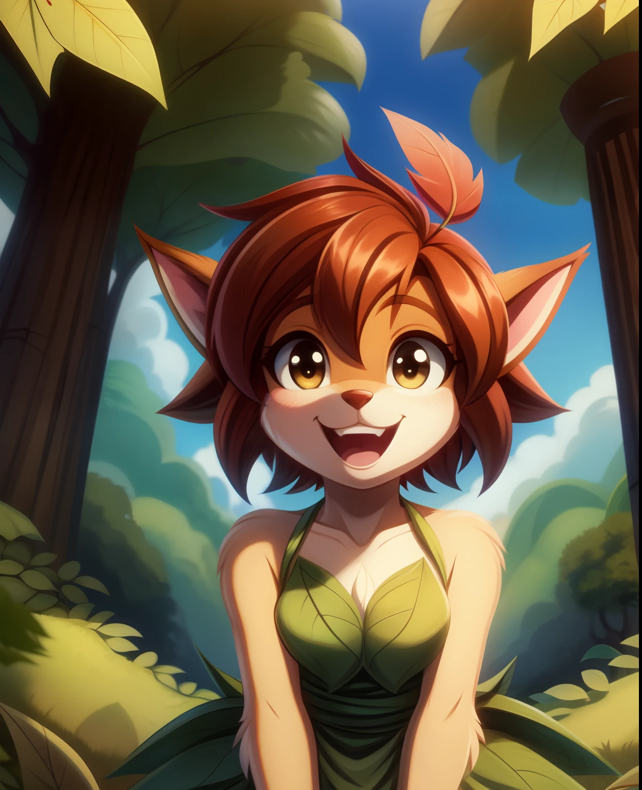 by wildblur,,, elora furry, detailed and extremely fluffy body fur, fluff, masterpiece, looking up beautiful surroundings, detailed background, happy, leaf-dress