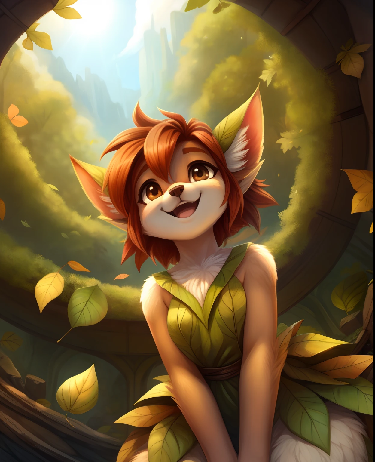 einshelm,,, elora furry, detailed and extremely fluffy body fur, fluff, masterpiece, looking up beautiful surroundings, detailed background, happy, leaf-dress,