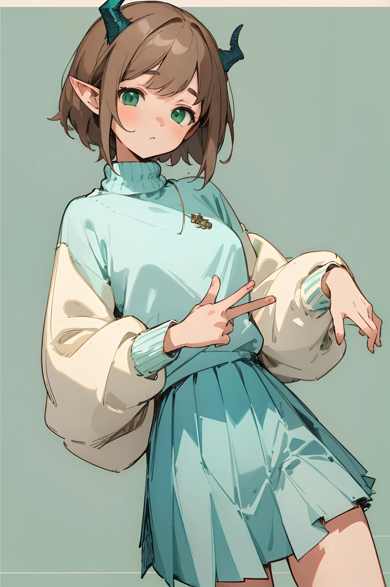 (masterpiece, best quality) detailed, 1Character , blue archive art style , pastel washed out colors , cell shade , soft, muted shades ,gentle colors , Pretty woman , short hair , brown hair , dragon horns , bright green eyes , pointed ears , thin eyebrows , light skin, age 21, wearing a light blue cop top sweater , fuzzy sweater, pleated skirt