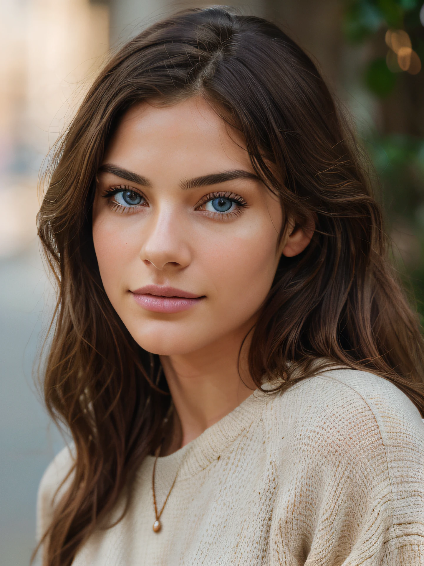 beautiful brunette wearing light beige sweater, very detailed, 21 years old, innocent face, natural wavy hair, blue eyes, high resolution, masterpiece, best quality, intricate details, highly detailed, sharp focus, detailed skin, realistic skin texture, texture, detailed eyes, professional, 4k, charming smile, shot on Canon, 85mm, shallow depth of field, kodak vision color, perfect fit body, extremely detailed, foto_\(ultra\), photorealistic, realistic, post-processing, maximum detail, roughness, real life, ultra realistic, photorealism, photography, 8k uhd, photography