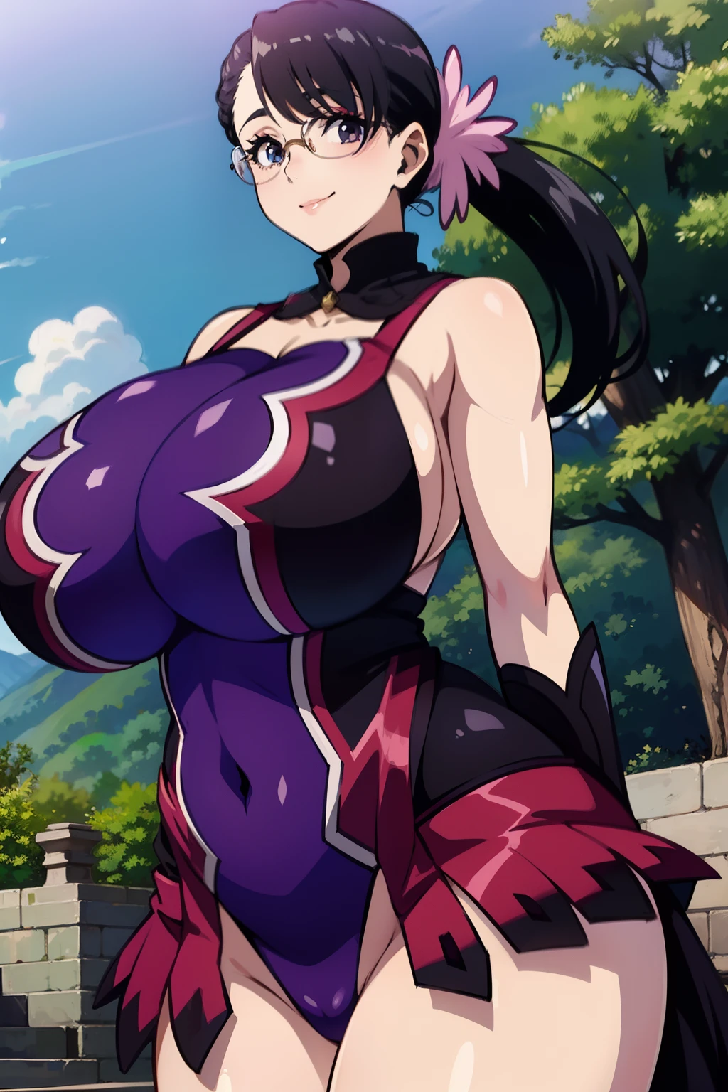 anime cels style, cattleya_qb, cattleya_gorget, cattleya_purple_highleg_leotard, best quality, high resolution, In the style of Hiraku Kaneko, Inspired by Rin Shin, 1girl, low ponytail, makeup, pink lip, beautiful face, curvy, happy smile, closed mouth, (huge breasts:1.4), outdoors, big tree, cowboy shot