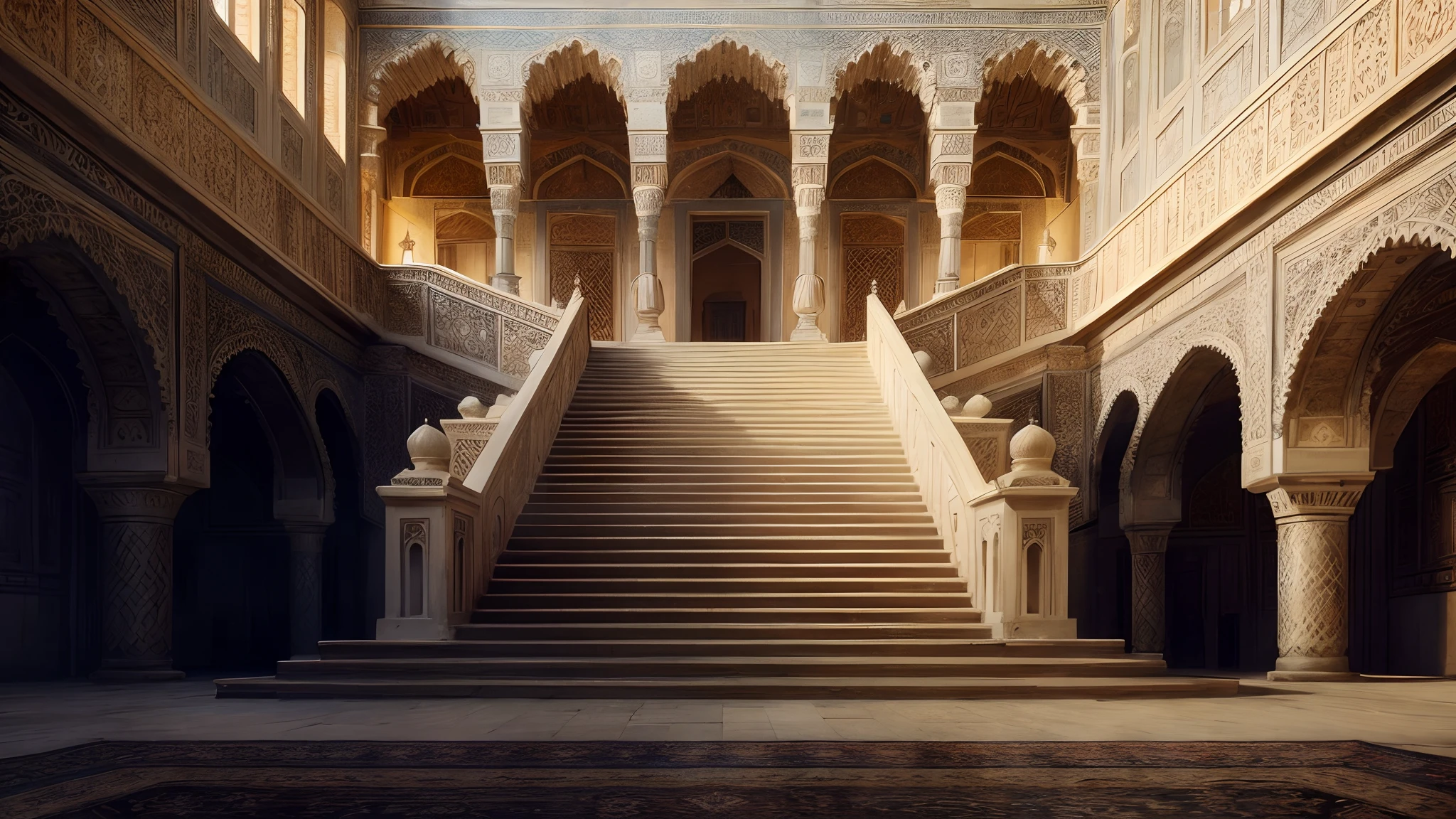 interior view of a mansion in 16th century Arabia, either Basra or Ormuz, very luxurious, building structure like a harem or mosque, building structure with elements of a turkish harem or mosque, orientalism, inside a mansion, interior, rich, grand, stairs, Muslim style, Islamic, elegant, House of Vizier, House of Emir, 16th century, medieval, no people, no word, no wordings, no signature